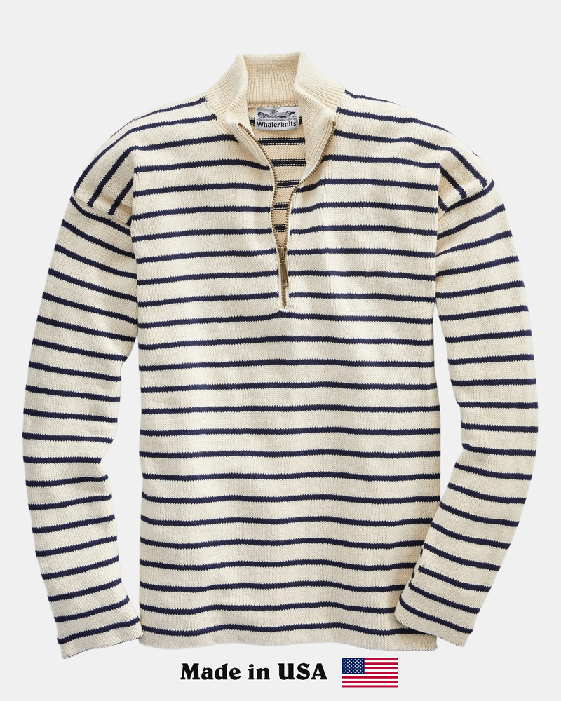 Whalerknits Nantucket Classic 1/4 Zip Sweater: Natural sweater with navy stripes laid flat, showing its quarter zip, with Made in USA text and flag below.