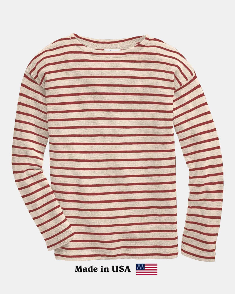 Whalerknits Nantucket Classic Boatneck Sweater: Natural sweater with red stripes laid flat, with Made in USA text and flag below.