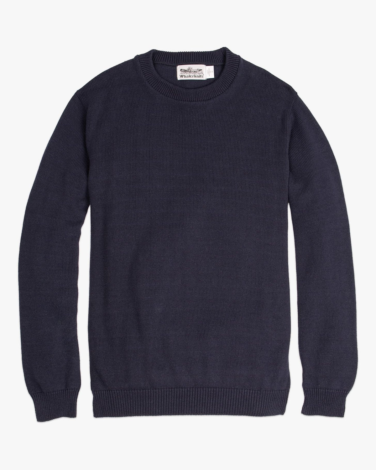 Whalerknits Chatham Crewneck Sweater: Navy sweater laid flat, showing its ribbed crew neckline, cuffs and hem.