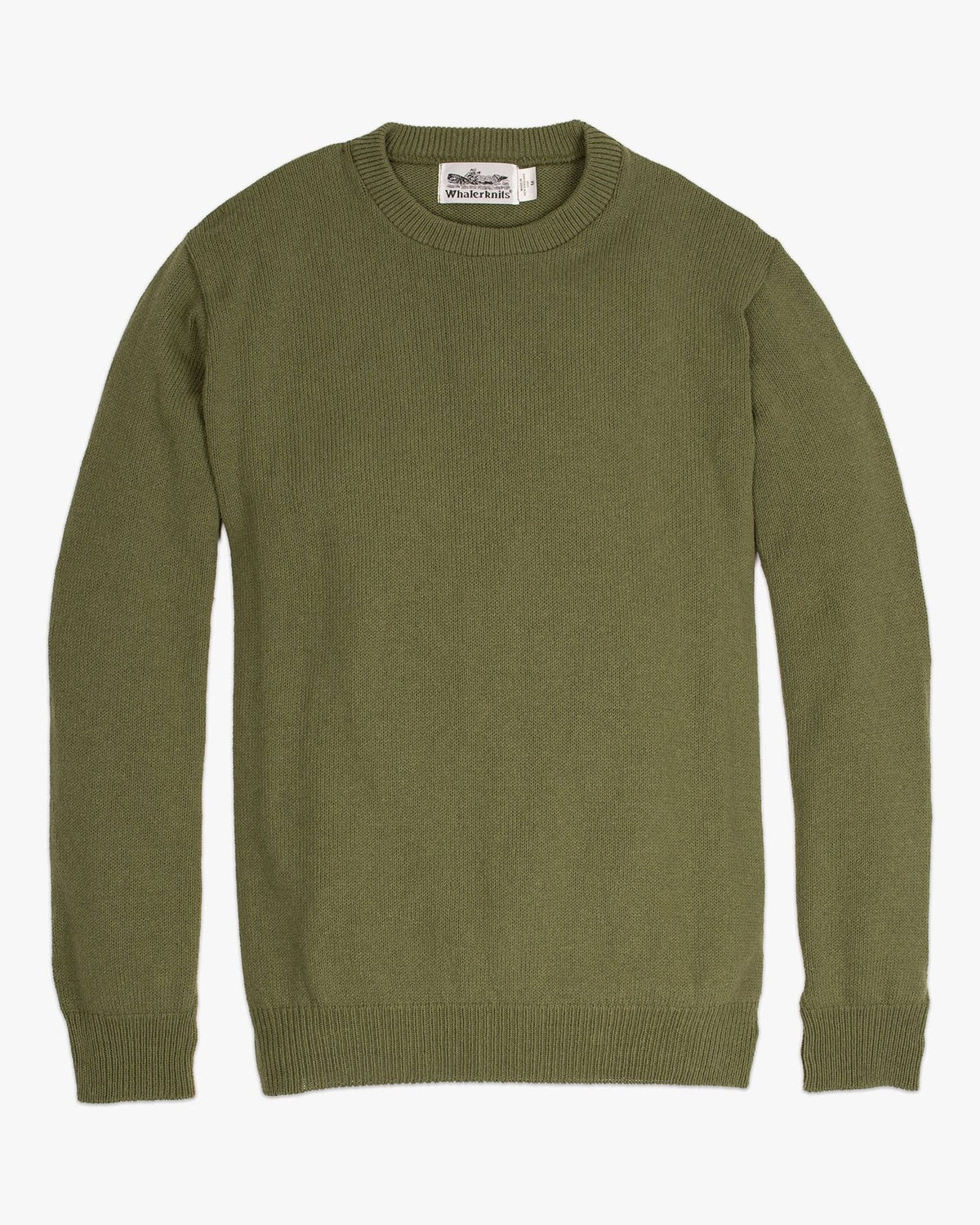 Whalerknits Chatham Crewneck Sweater: Olive sweater laid flat, showing its ribbed crew neckline, cuffs and hem.