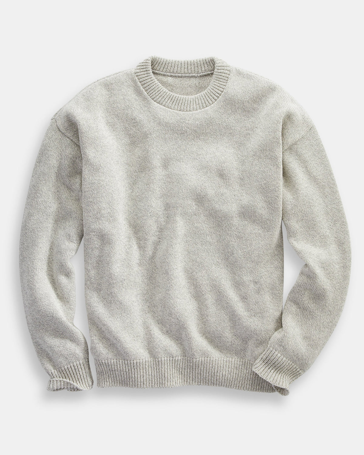 Whalerknits Chatham Crewneck Sweater: Linen sweater laid flat, showing its crew neckline, long sleeves and ribbed edges.