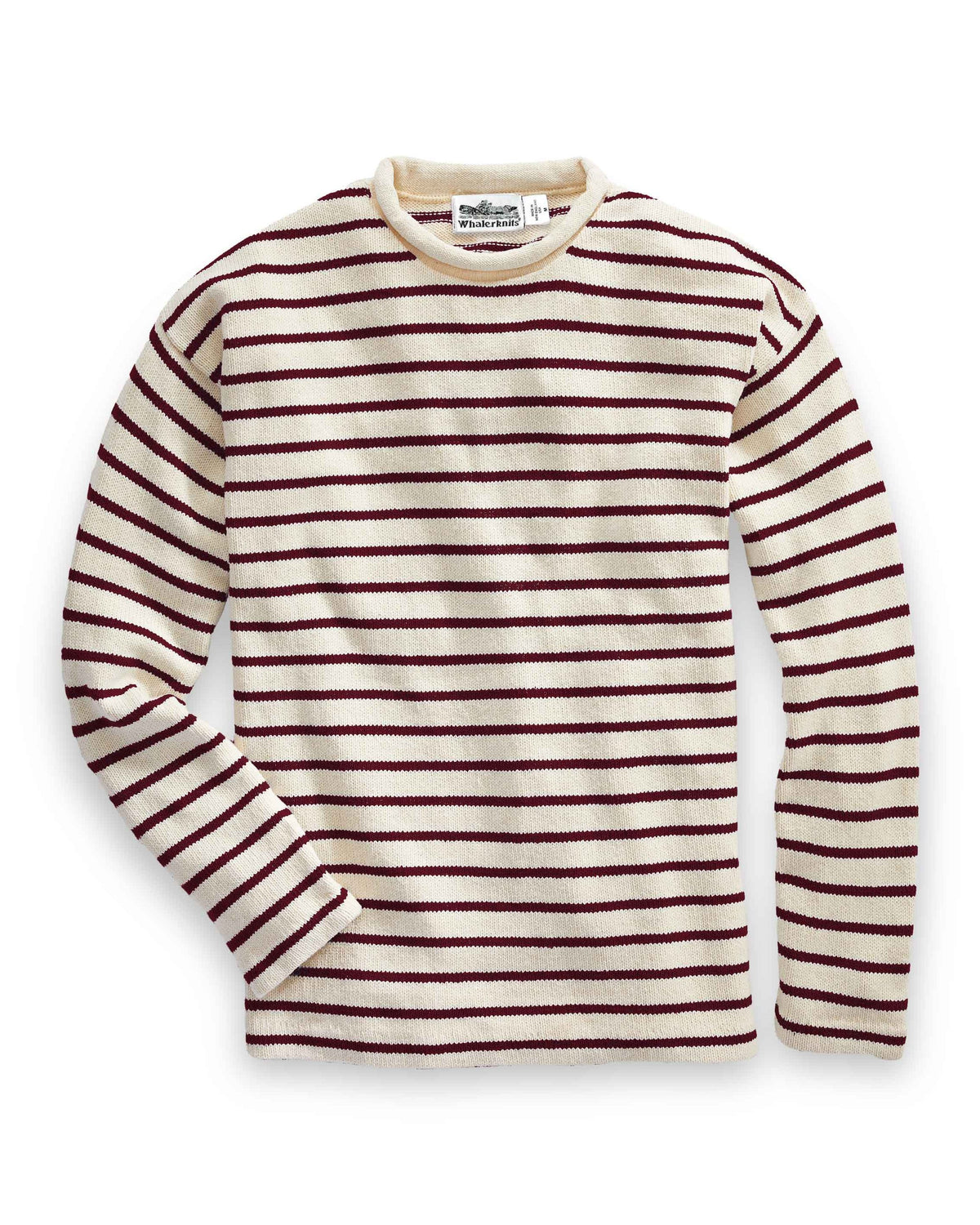 Whalerknits Nantucket Rollneck Sweater: Natural sweater with burgundy stripes laid flat, showing its rolled neckline and long sleeves.