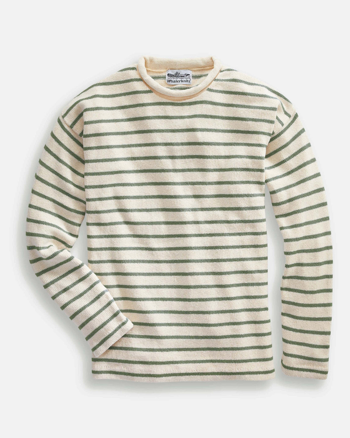 Whalerknits Nantucket Rollneck Sweater: Natural sweater with green stripes laid flat, showing its rolled neckline and label. #Color_Natural / Olive