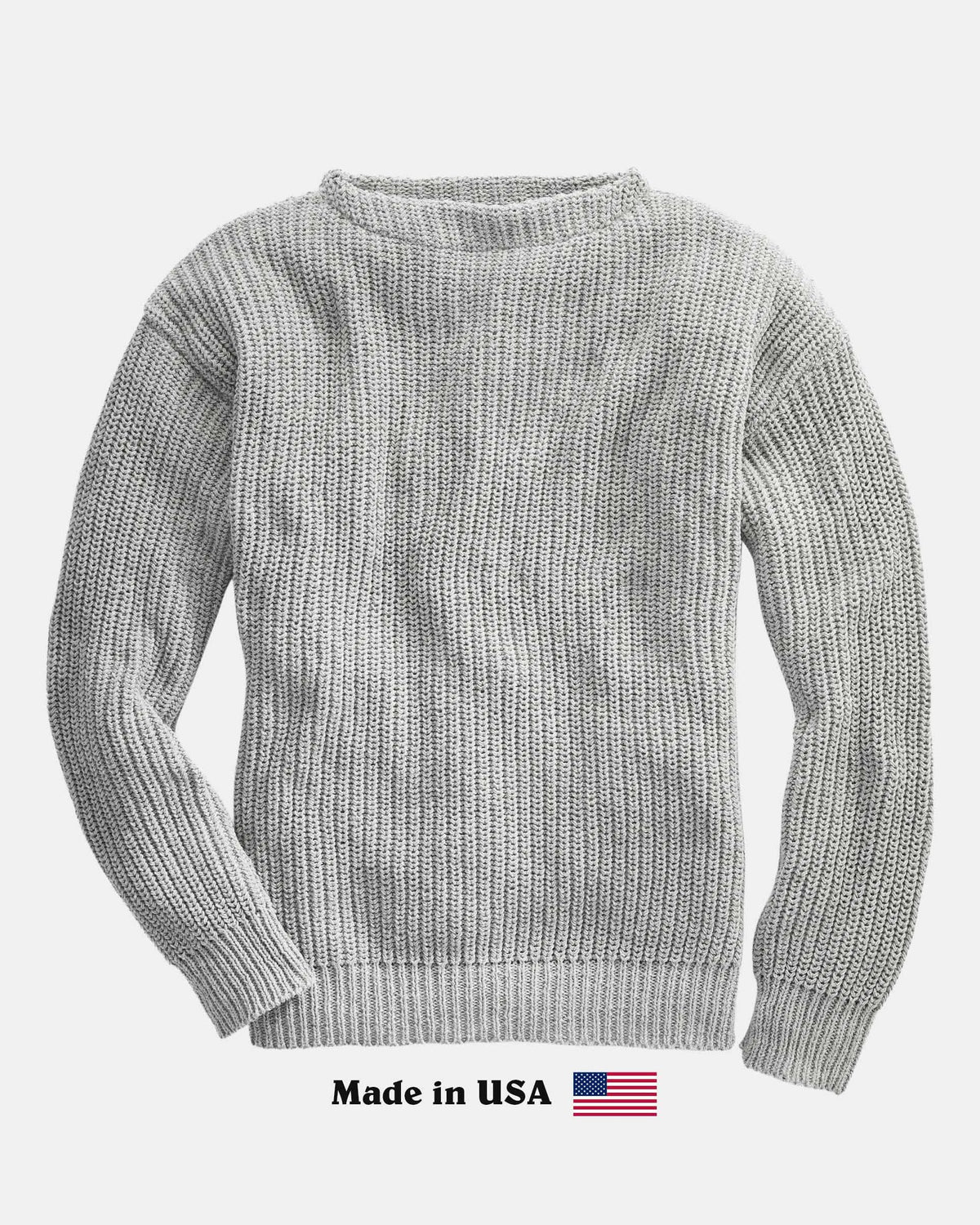 Whalerknits Newport Shaker Boatneck Sweater: Gray sweater laid flat, showing its boat neckline and shaker knit, with Made in USA text and flag below.