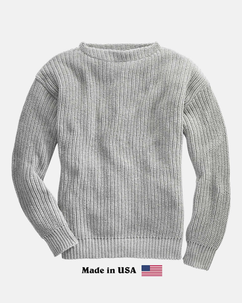 Whalerknits Newport Shaker Boatneck Sweater: Gray sweater laid flat, showing its boat neckline and shaker knit, with Made in USA text and flag below.