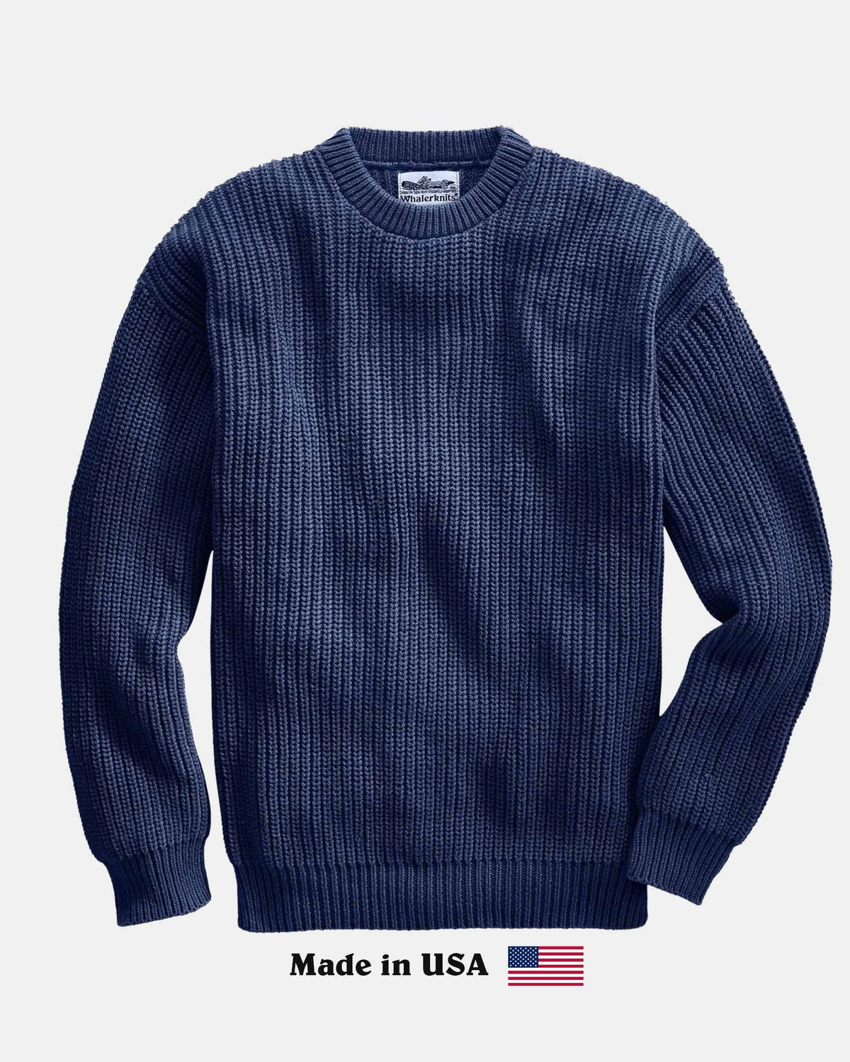 Whalerknits Newport Shaker Knit Crewneck Sweater: Navy sweater laid flat, showing shaker-knit ribs and crew neckline, with Made in USA text and flag below. #Color_Navy