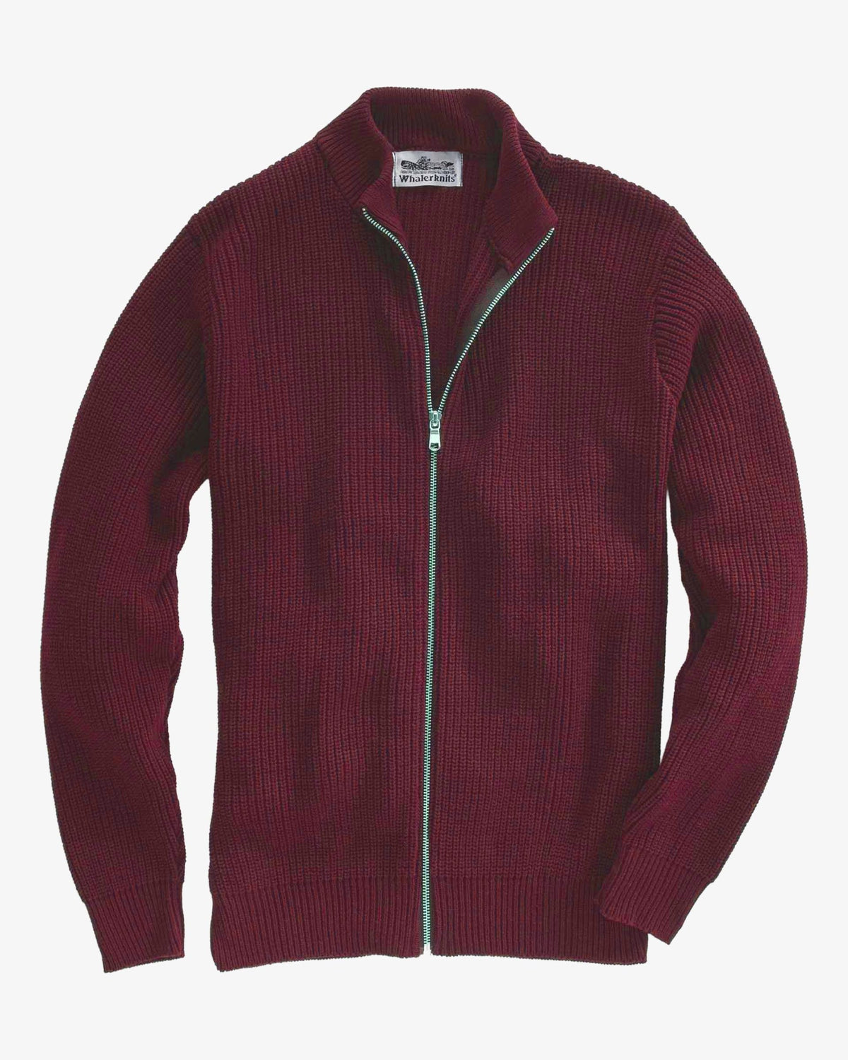Whalerknits Cuttyhunk Full-Zip Cardigan: Burgundy cardigan laid flat, showing its full-length zipper and ribbed edges.