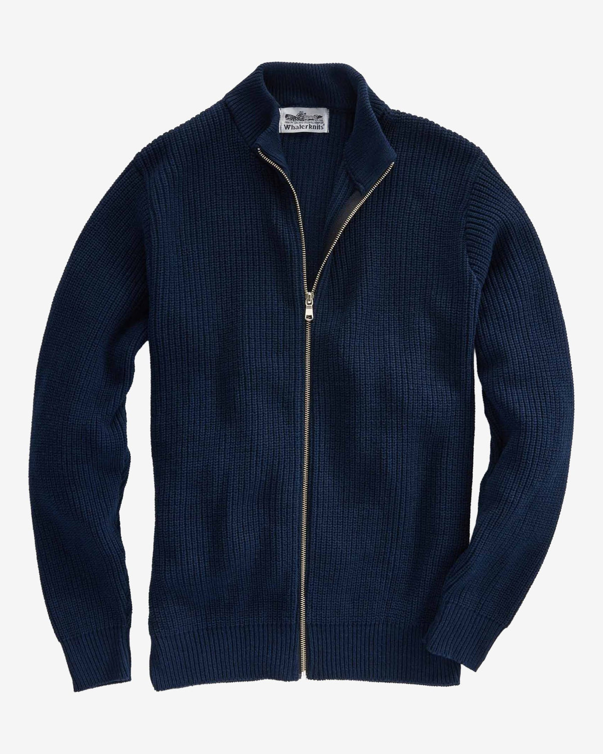 Whalerknits Cuttyhunk Full-Zip Cardigan: Navy cardigan laid flat, showing its full-length zipper, stand collar and ribbed knit.