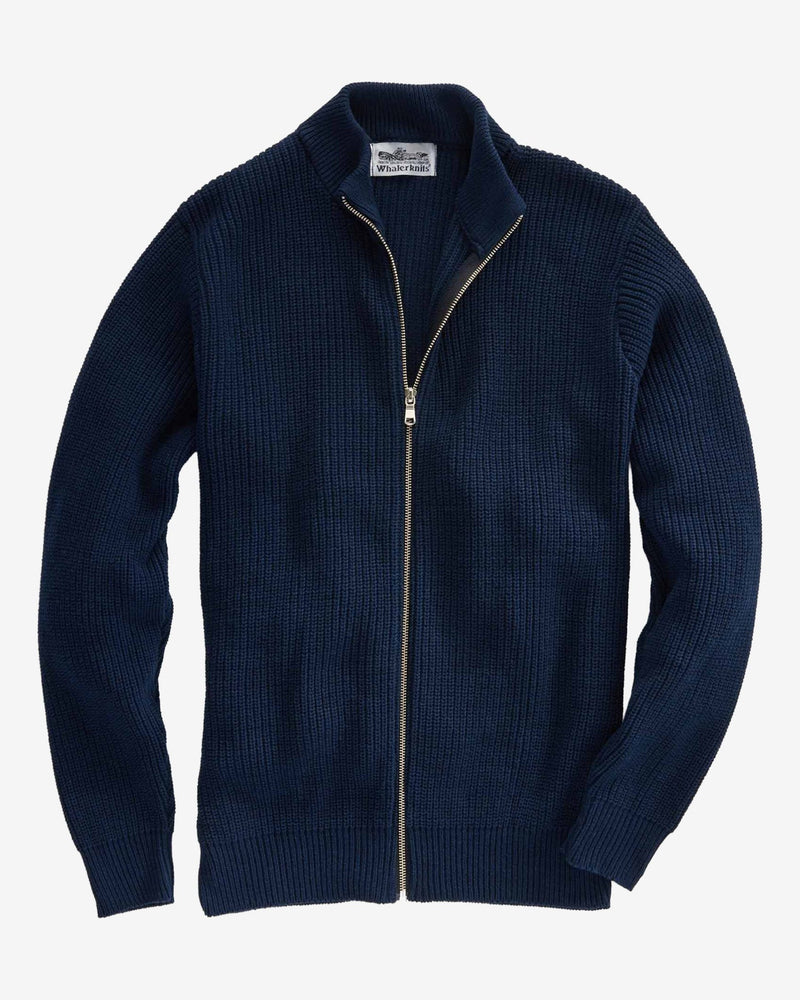 Whalerknits Cuttyhunk Full-Zip Cardigan: Navy cardigan laid flat, showing its full-length zipper, stand collar and ribbed knit.
