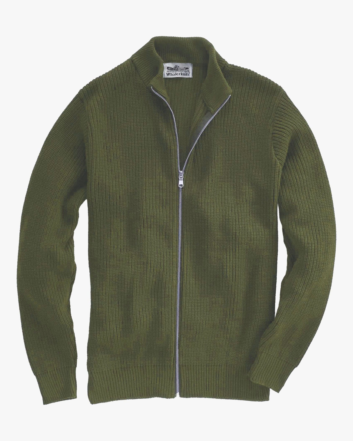Whalerknits Cuttyhunk Full-Zip Cardigan: Olive cardigan laid flat, showing its full-length zipper and stand collar.