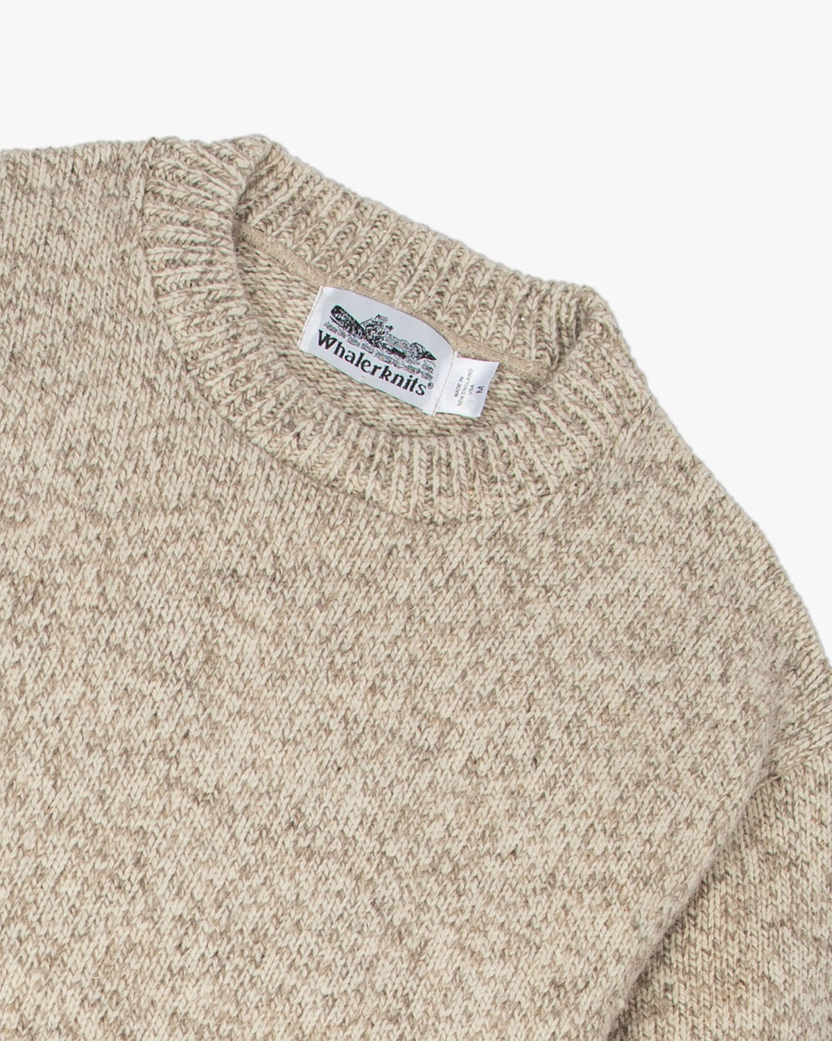 Whalerknits Wellfleet Classic Crewneck Jersey - Wool Blend: Close-up of the heathered crew neckline, knit stitches and Whalerknits label.