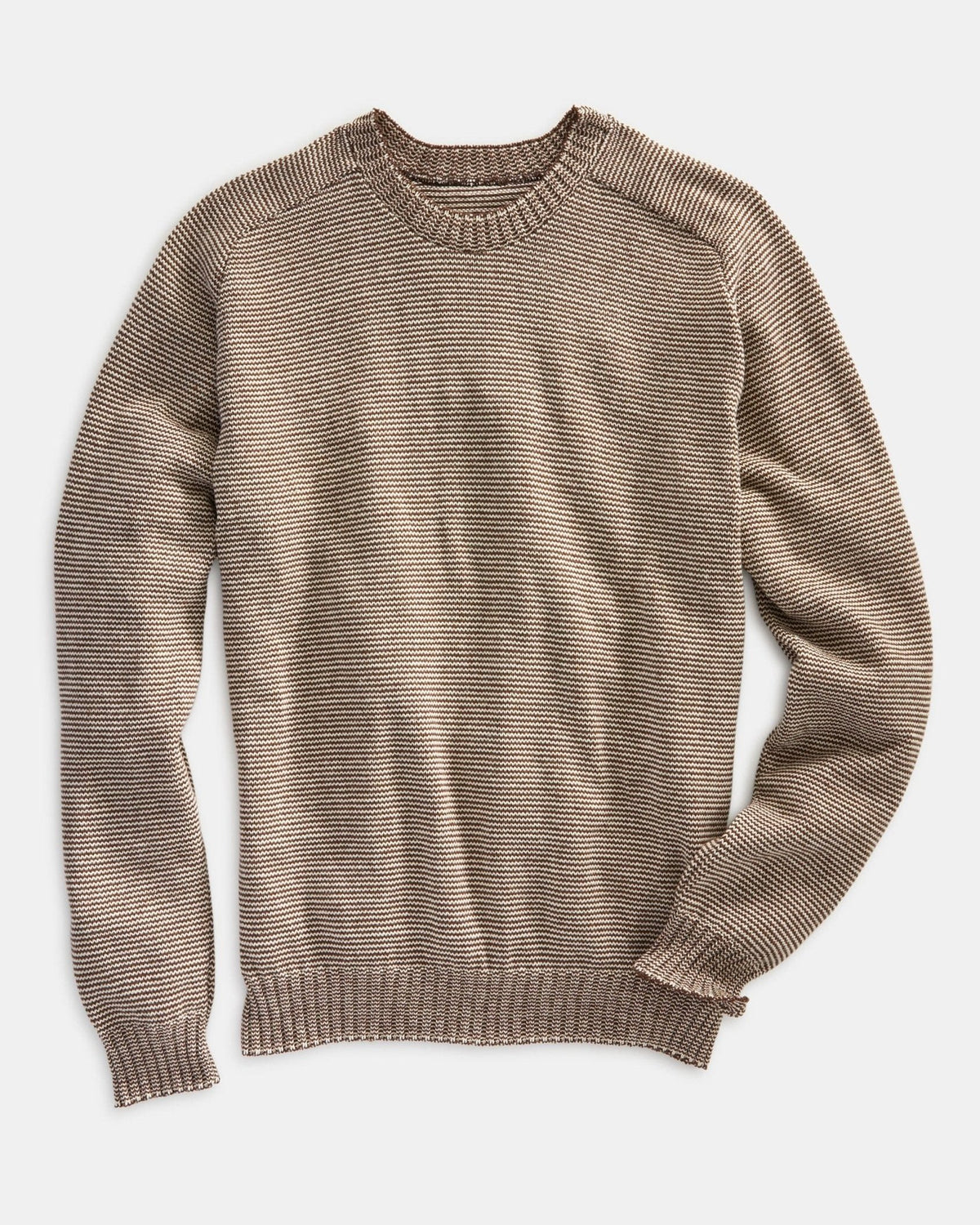 Whalerknits Westport Crewneck Saddle Shoulder Pullover: Brown and natural fine-striped sweater laid flat with long sleeves and a ribbed hem. #Color_Natural / Chocolate