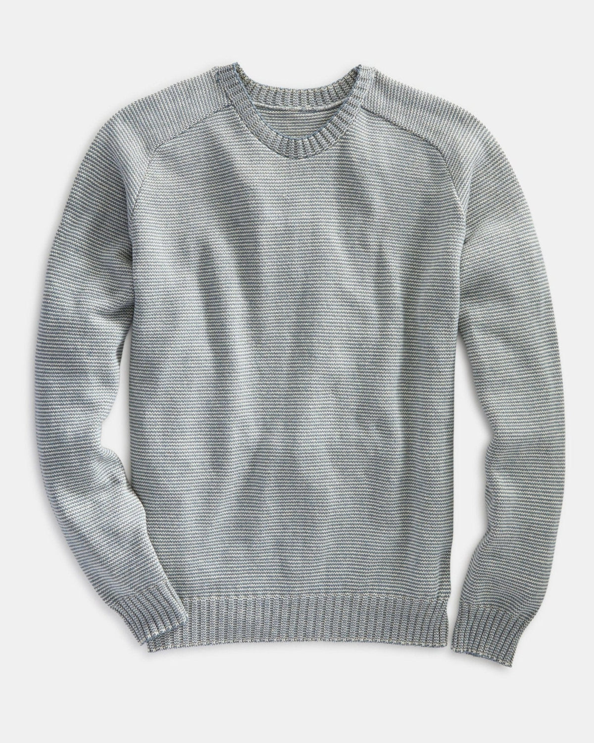 Whalerknits Westport Crewneck Saddle Shoulder Pullover: Light blue and natural fine-striped sweater laid flat, showing its crew neckline and saddle shoulders. #Color_Natural / Pacific