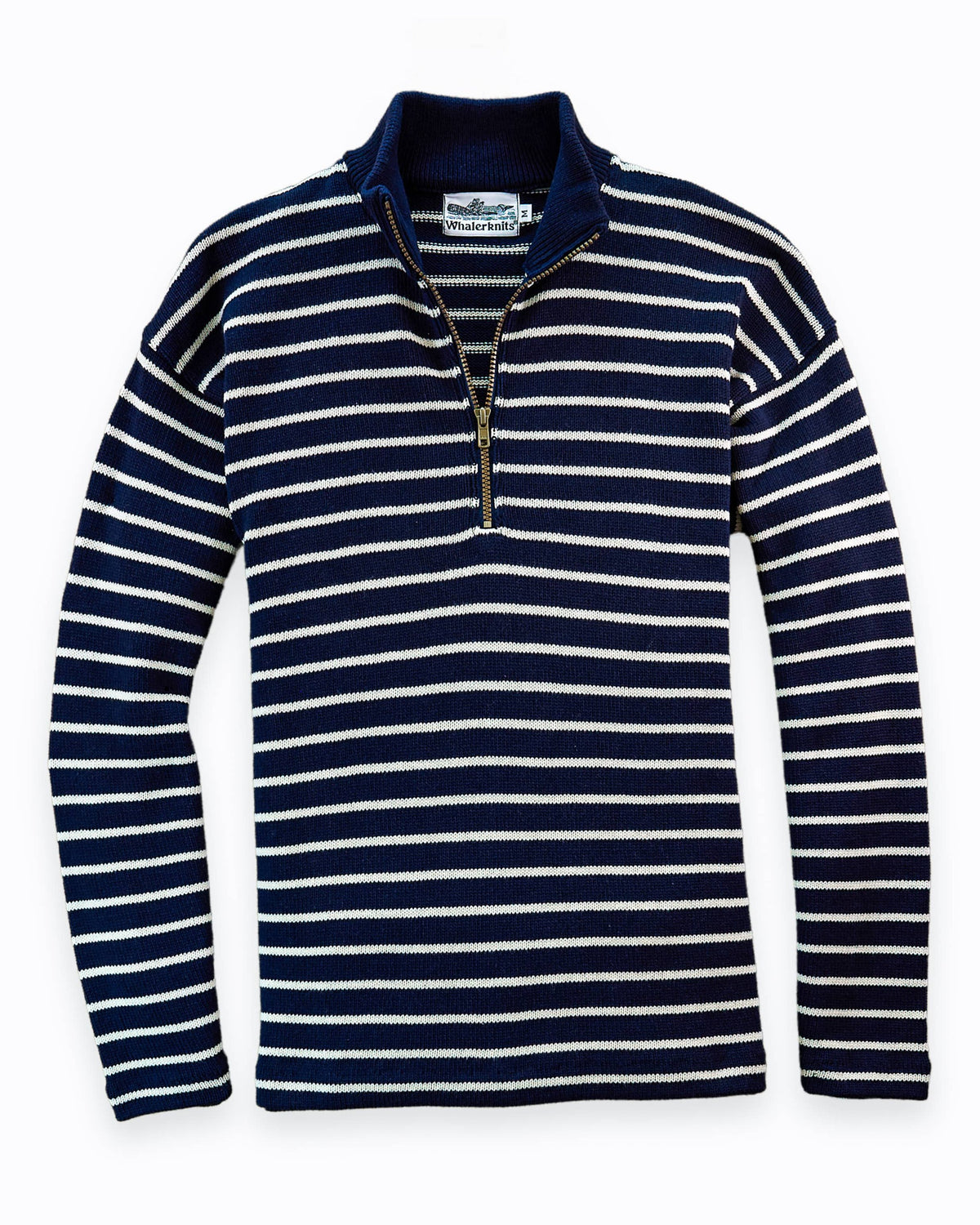 Whalerknits Nantucket Classic 1/4 Zip Sweater: Navy sweater with natural stripes laid flat, showing its quarter zip and stand collar. #Color_Navy / Natural