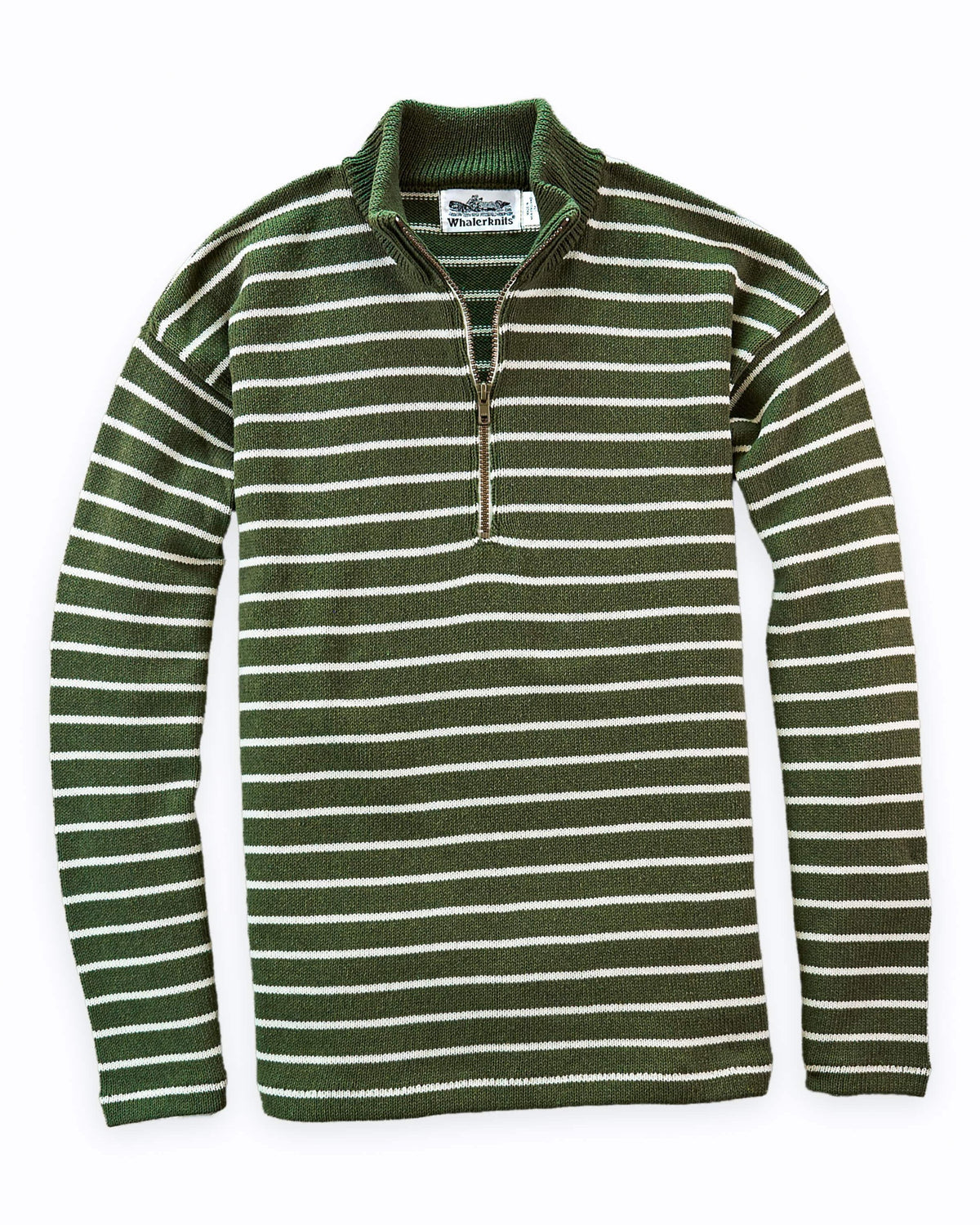 Whalerknits Nantucket Classic 1/4 Zip Sweater: Olive sweater with natural stripes laid flat, showing its quarter zip and stand collar. #Color_Olive / Natural