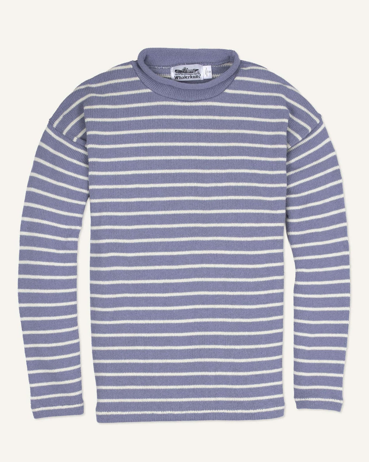 Whalerknits Nantucket Rollneck Sweater: Blue sweater with natural stripes laid flat with long sleeves and a rolled neckline. #Color_Sky / Natural