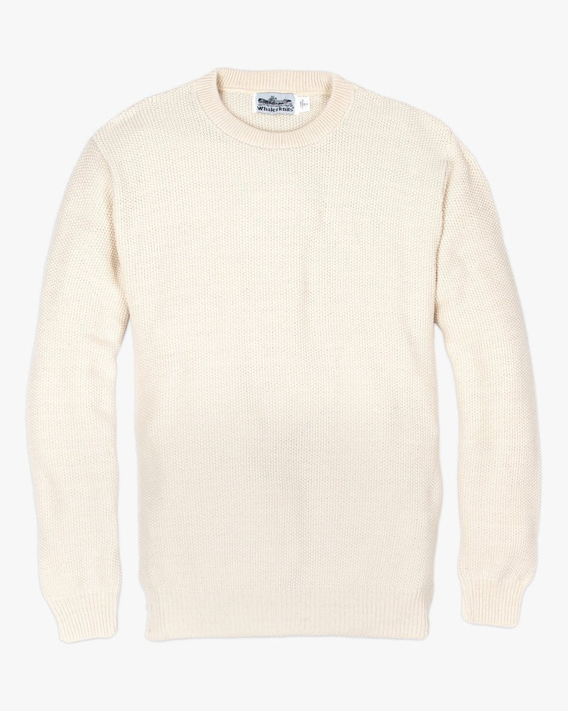 Whalerknits Duxbury Crewneck Sweater: Natural sweater laid flat, showing its textured knit and ribbed crew neckline, cuffs and hem.