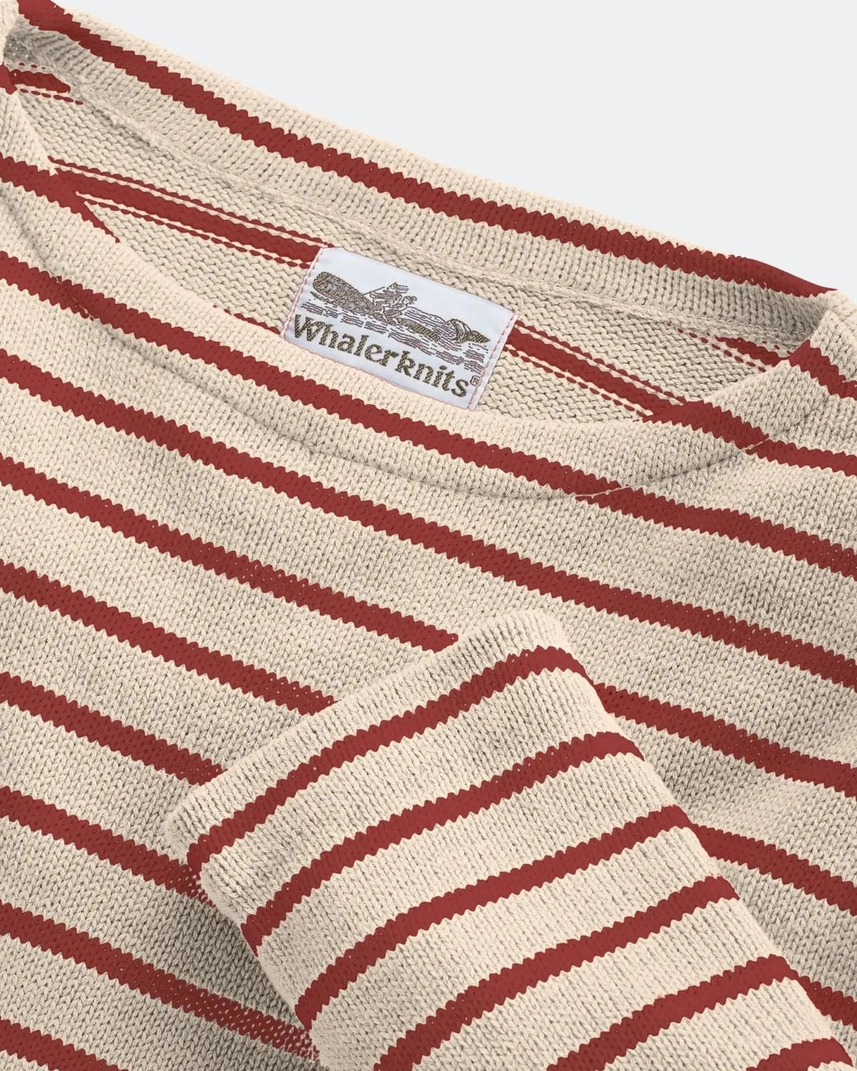 Whalerknits Nantucket Classic Boatneck Sweater: Close-up of the natural and red striped boat neckline, cuff and Whalerknits label.