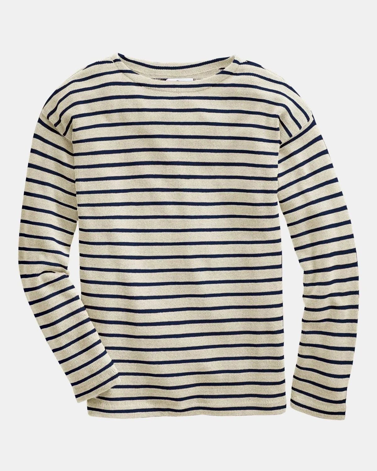 Whalerknits Nantucket Classic Boatneck Sweater: Natural sweater with navy stripes laid flat, showing its boat neckline and long sleeves. #Color_Natural / Navy