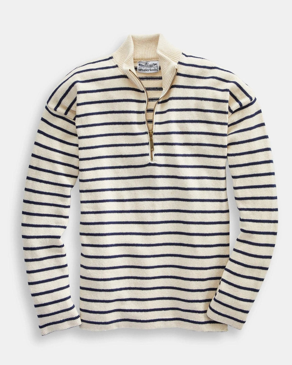 Whalerknits Nantucket Classic 1/4 Zip Sweater: Natural sweater with navy stripes laid flat, showing the quarter zip and stand collar. #Color_Natural / Navy