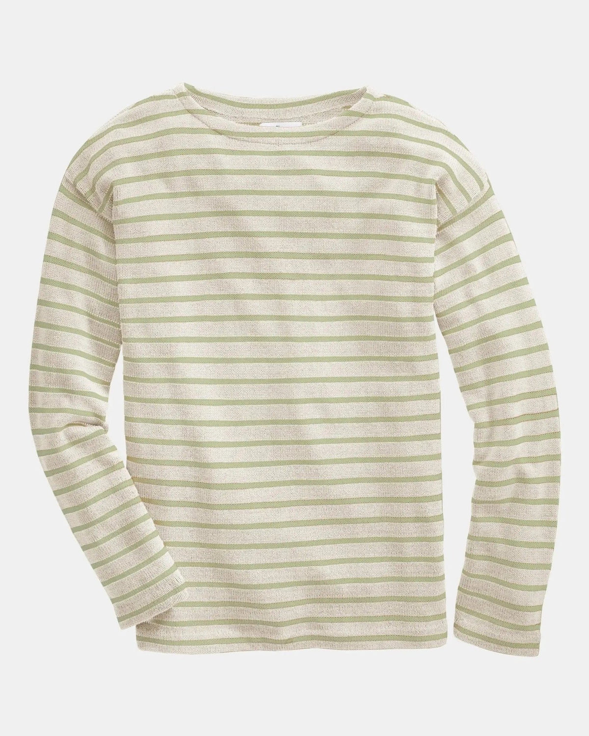 Whalerknits Nantucket Classic Boatneck Sweater: Natural sweater with light green stripes laid flat, showing its boat neckline. #Color_Natural / Seafoam
