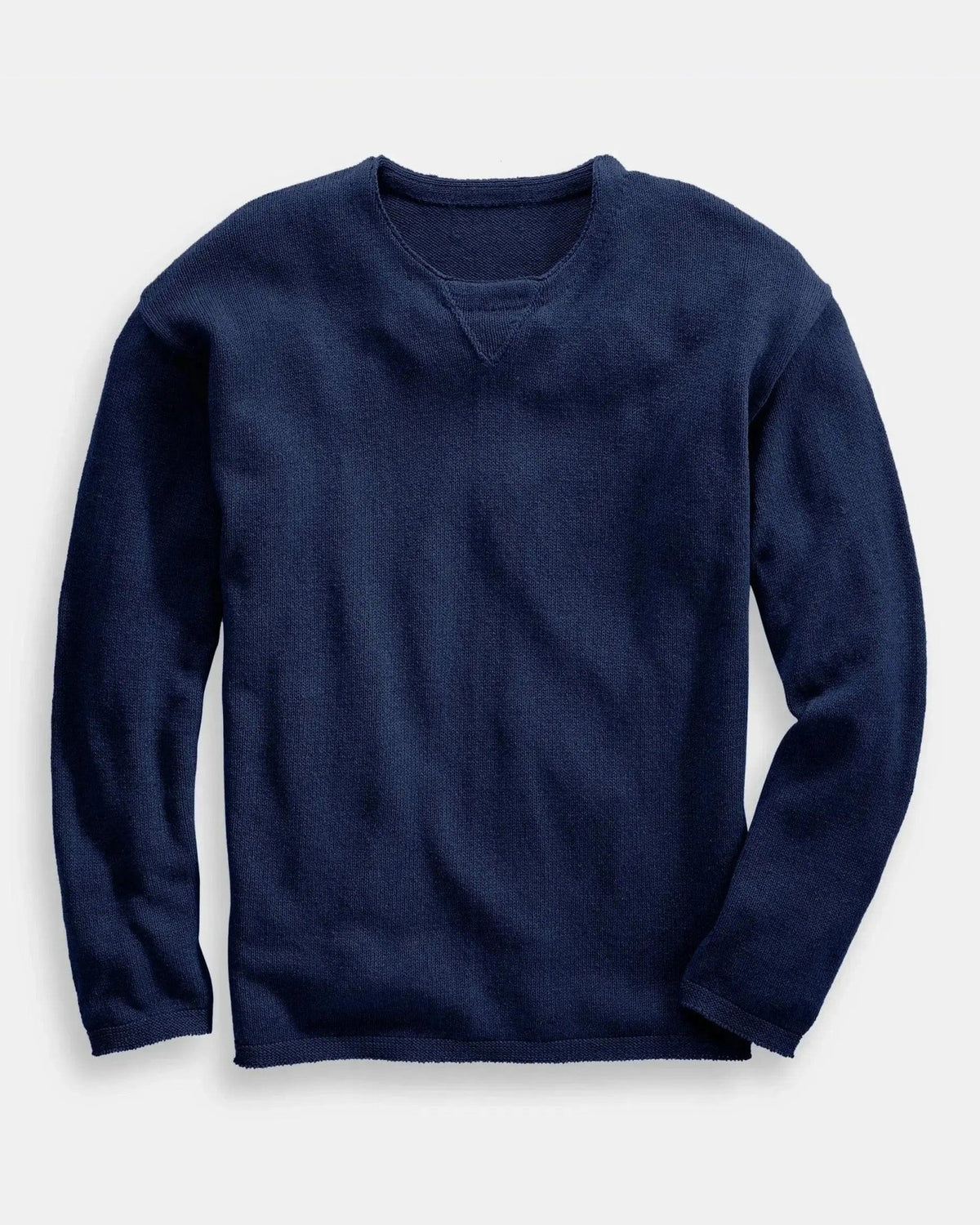 Whalerknits Chatham Jersey Sweatshirt Pullover: Navy pullover laid flat with long sleeves and a triangular neck detail. #Color_Navy
