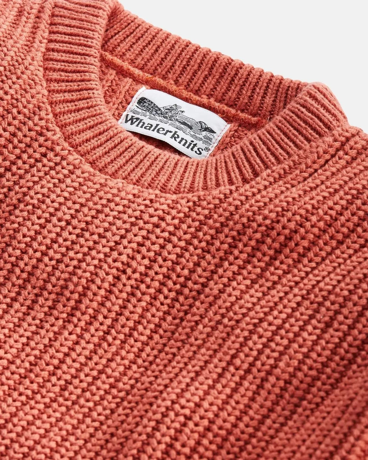 Whalerknits Newport Shaker Knit Crewneck Sweater: Close-up of the Nantucket Red neckline, shaker knit and Whalerknits label.