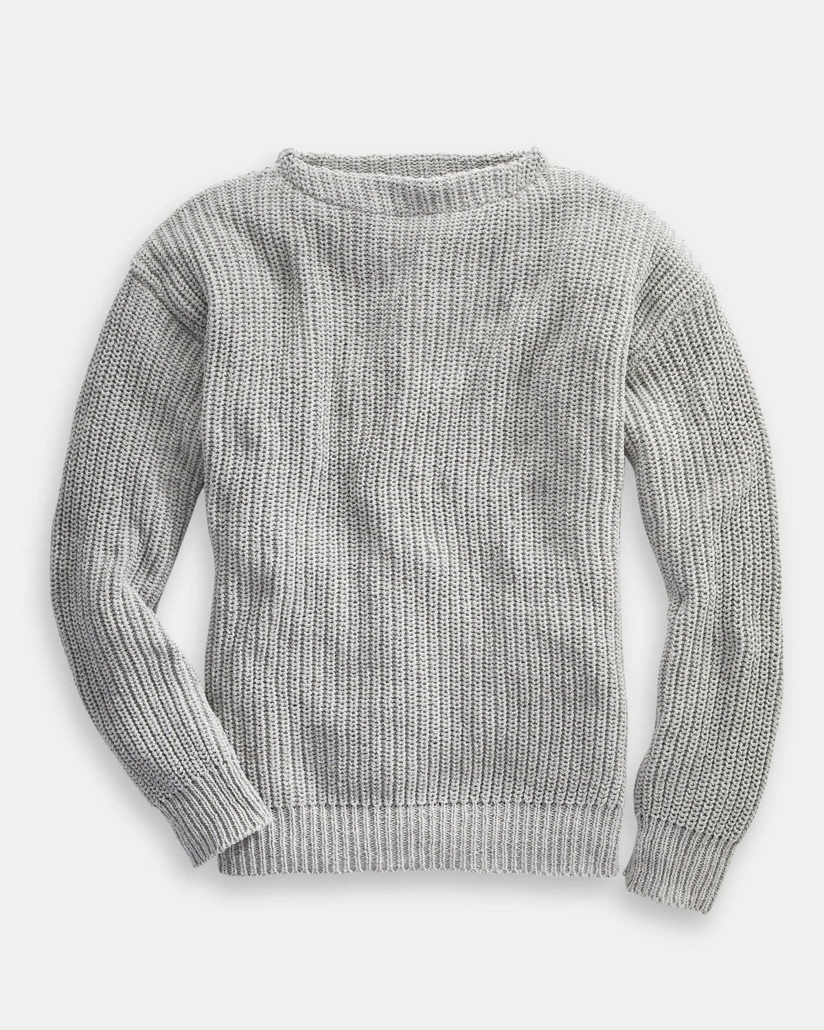 Whalerknits Newport Shaker Boatneck Sweater: Gray sweater laid flat, showing its boat neckline, long sleeves and ribbed hem. #Color_Aluminum
