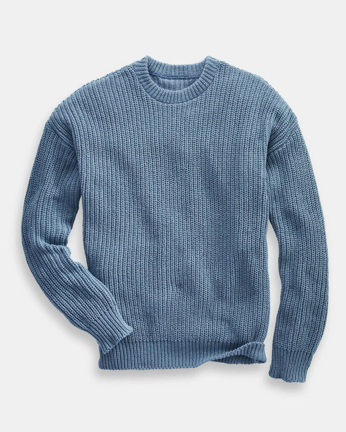 Whalerknits Newport Shaker Knit Crewneck Sweater: Blue sweater laid flat with a ribbed crew neckline, cuffs and hem. #Color_Atlantic