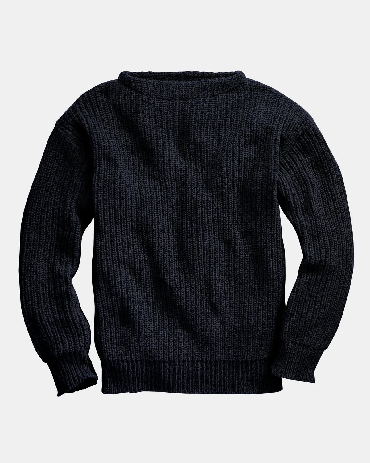 Whalerknits Newport Shaker Boatneck Sweater: Black sweater laid flat, showing its boat neckline, long sleeves and ribbed hem. #Color_Black