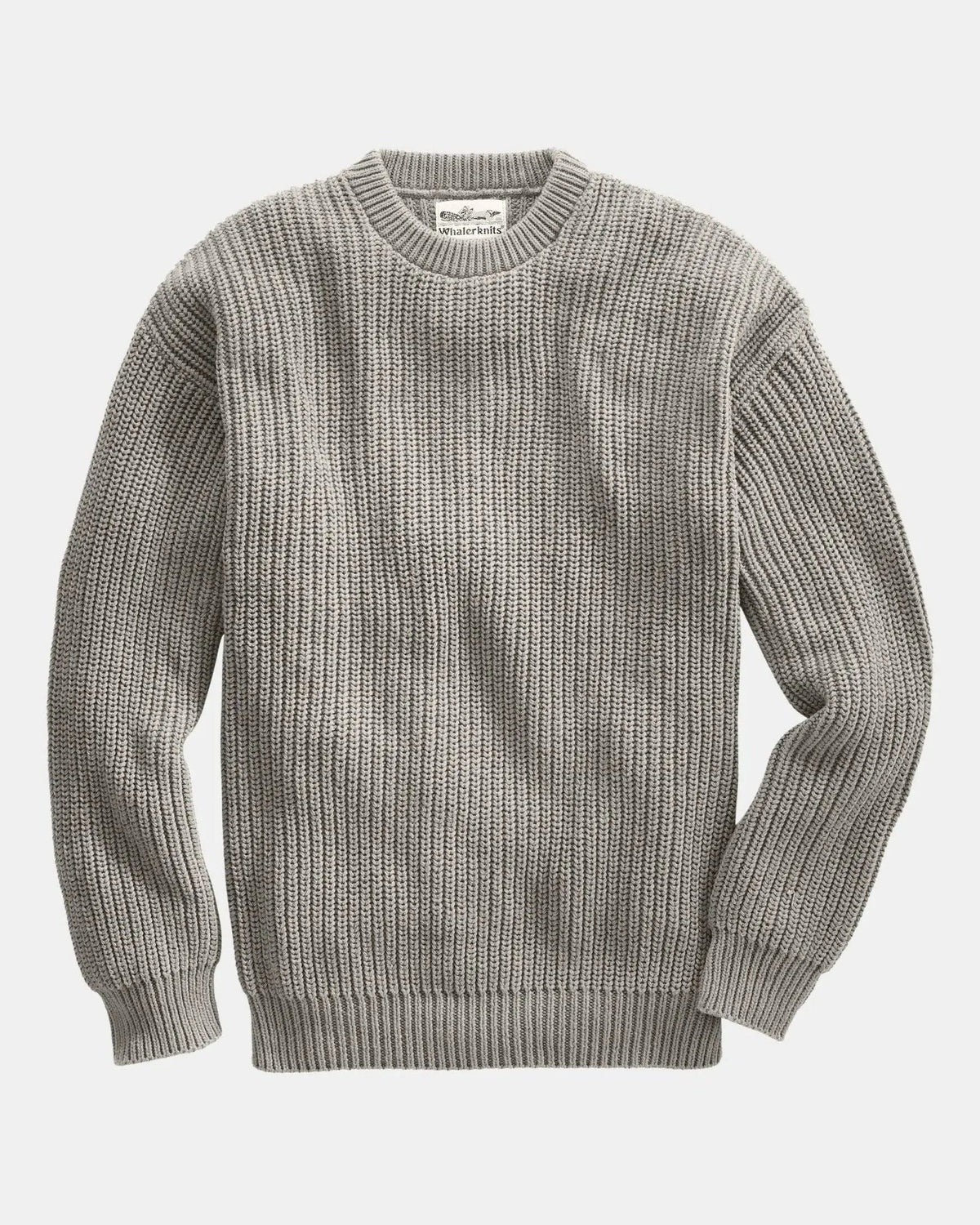 Whalerknits Newport Shaker Knit Crewneck Sweater: Gray sweater laid flat with long sleeves and a ribbed crew neckline. #Color_Linen