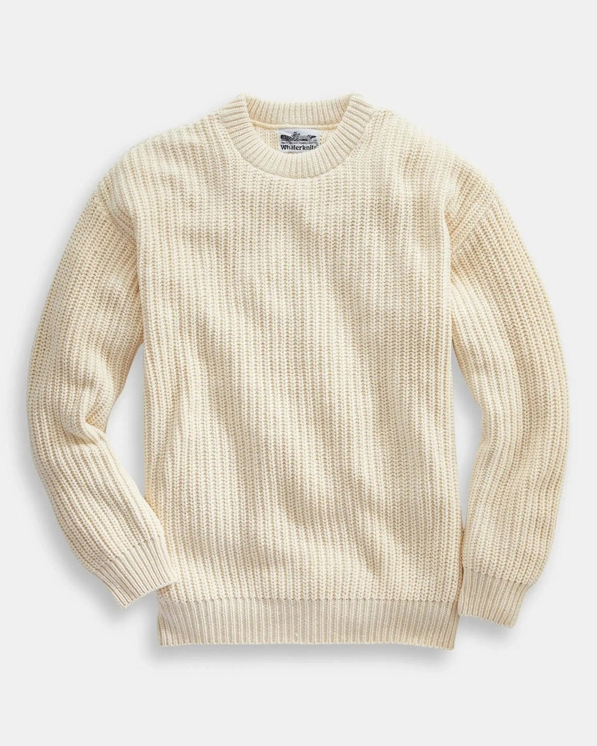Whalerknits Newport Shaker Knit Crewneck Sweater: Natural-colored sweater laid flat, showing the textured knit and ribbed edges. #Color_Natural