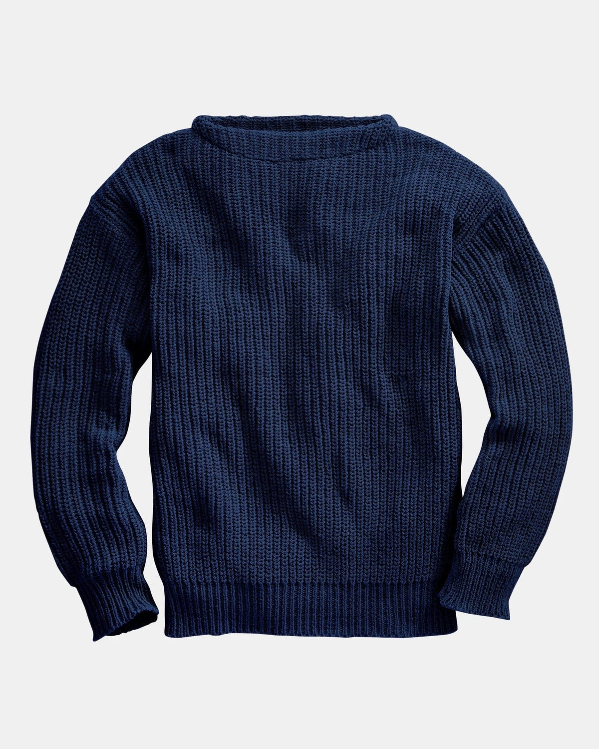 Whalerknits Newport Shaker Boatneck Sweater: Navy sweater laid flat with long sleeves and a boat neckline. #Color_Navy