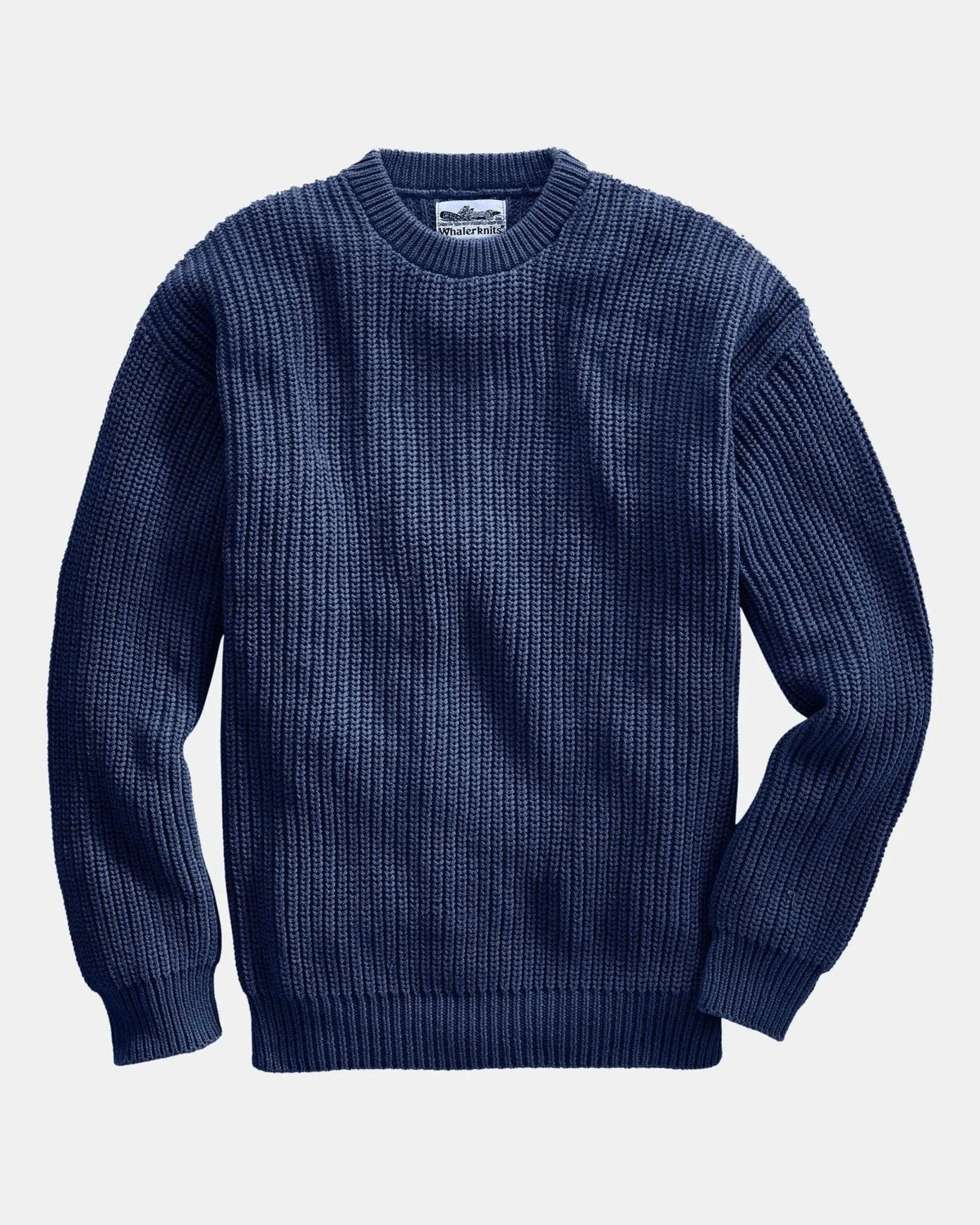 Whalerknits Newport Shaker Knit Crewneck Sweater: Navy sweater laid flat with one sleeve angled across the side.