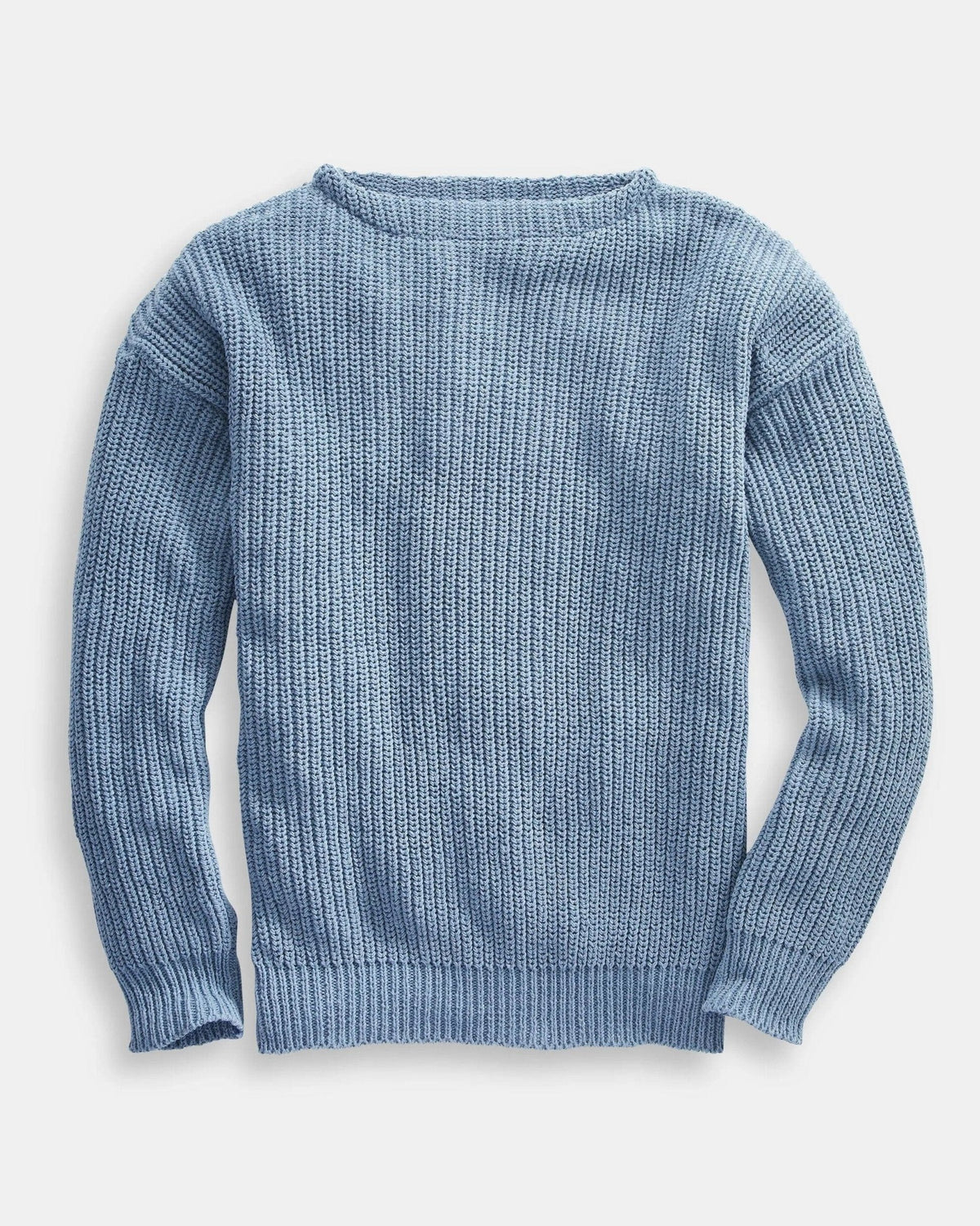 Whalerknits Newport Shaker Boatneck Sweater: Blue sweater laid flat, showing its boat neckline and shaker-knit ribs. #Color_Pacific