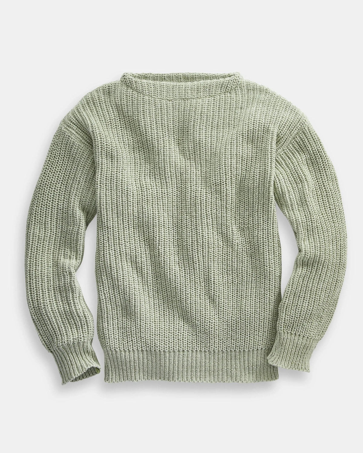 Whalerknits Newport Shaker Boatneck Sweater: Light green sweater laid flat, showing its boat neckline, shaker knit and ribbed edges. #Color_Seafoam