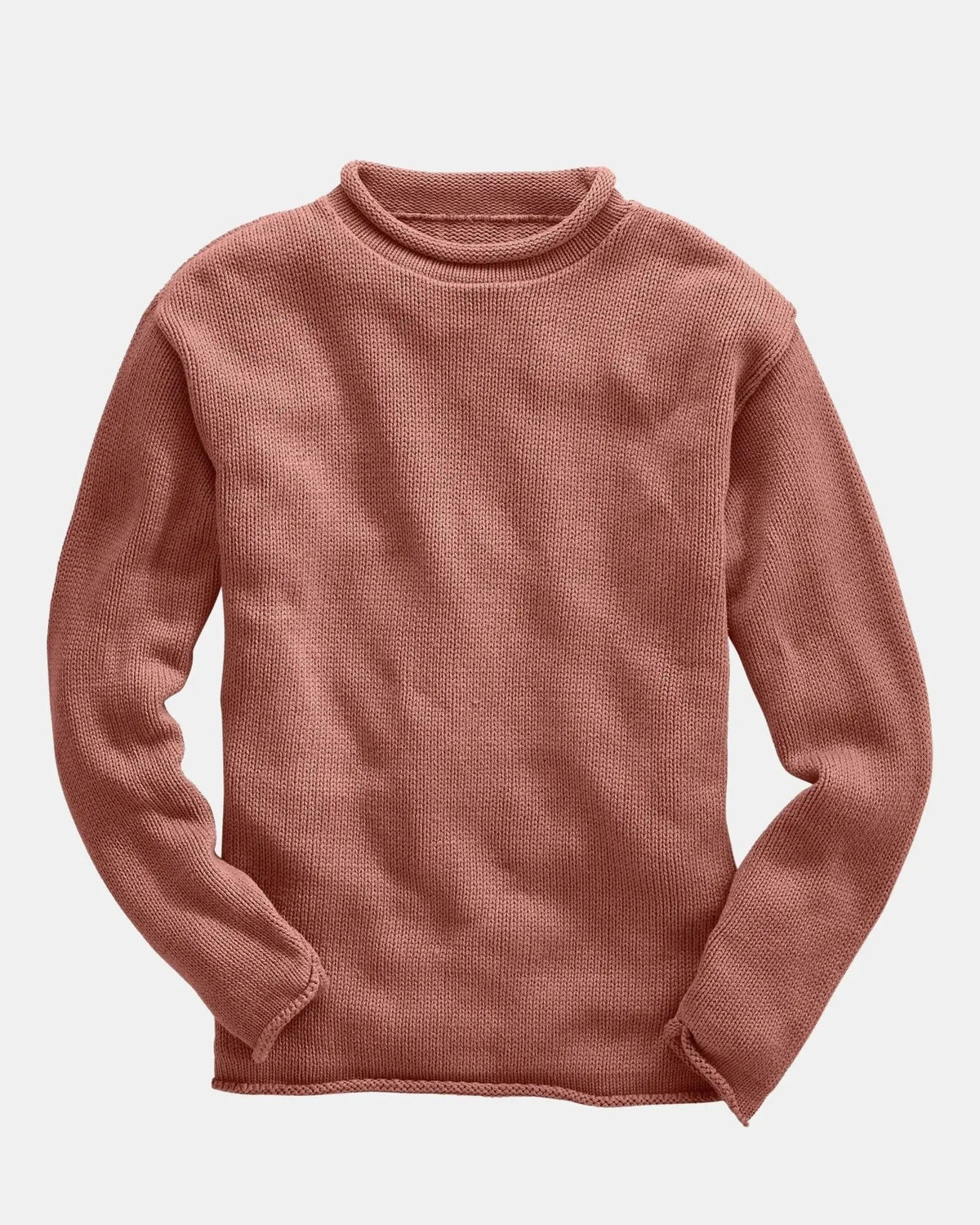Whalerknits Wellfleet Rollneck Sweater: Nantucket Red sweater laid flat with a rolled neckline, cuffs and hem. #Color_Nantucket Red