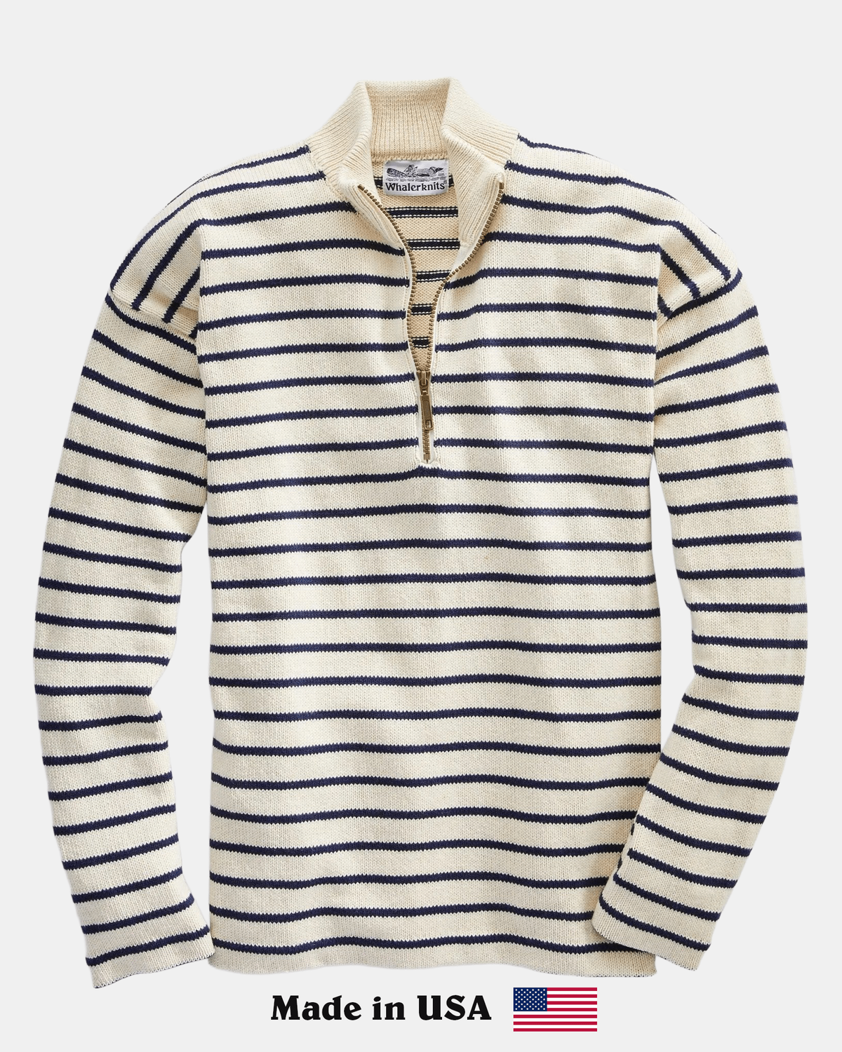 Whalerknits Nantucket Classic 1/4 Zip Sweater: Natural sweater with navy stripes laid flat, showing its quarter zip, with Made in USA text and flag below.