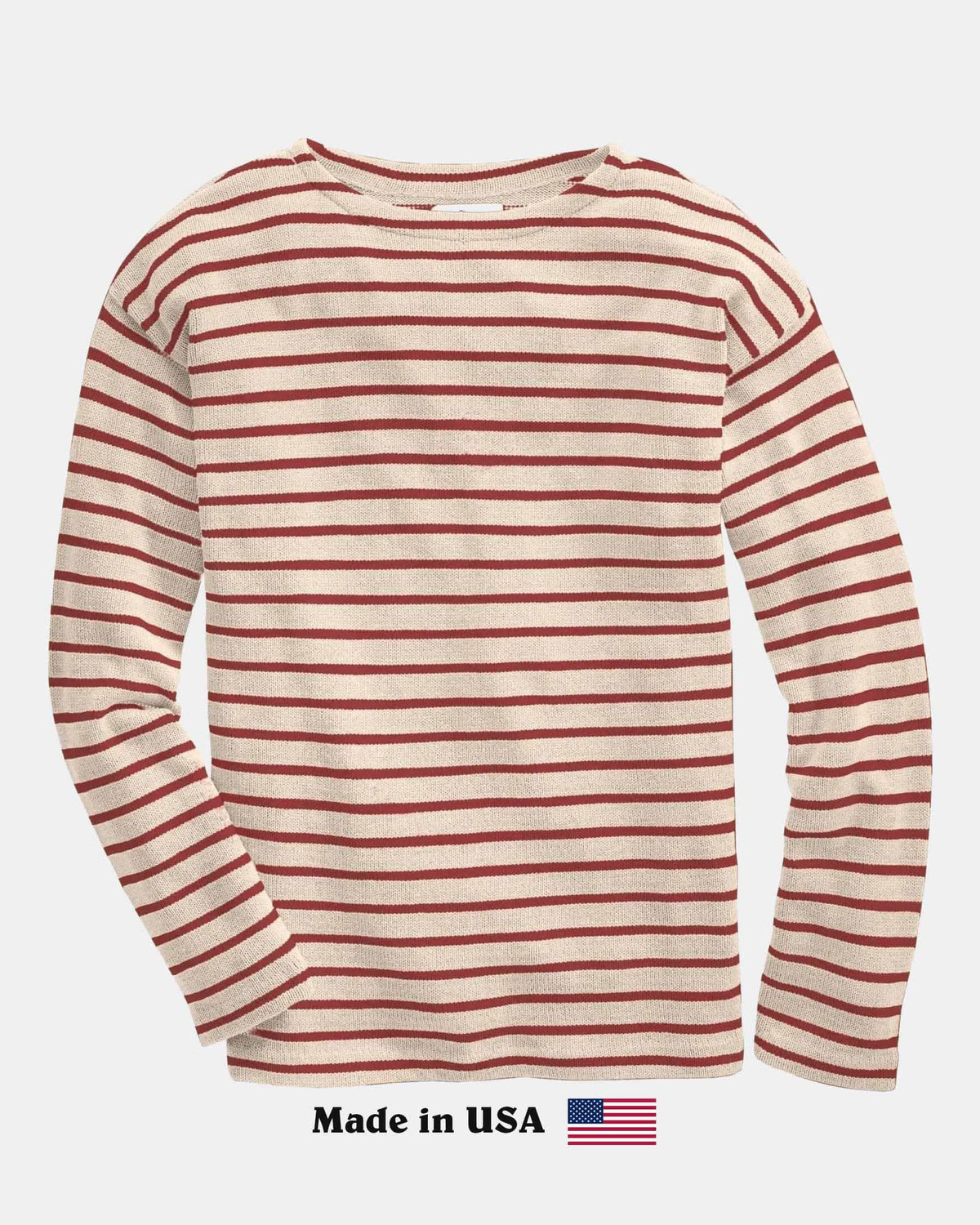 Whalerknits Nantucket Classic Boatneck Sweater: Natural sweater with red stripes laid flat, with Made in USA text and flag below.