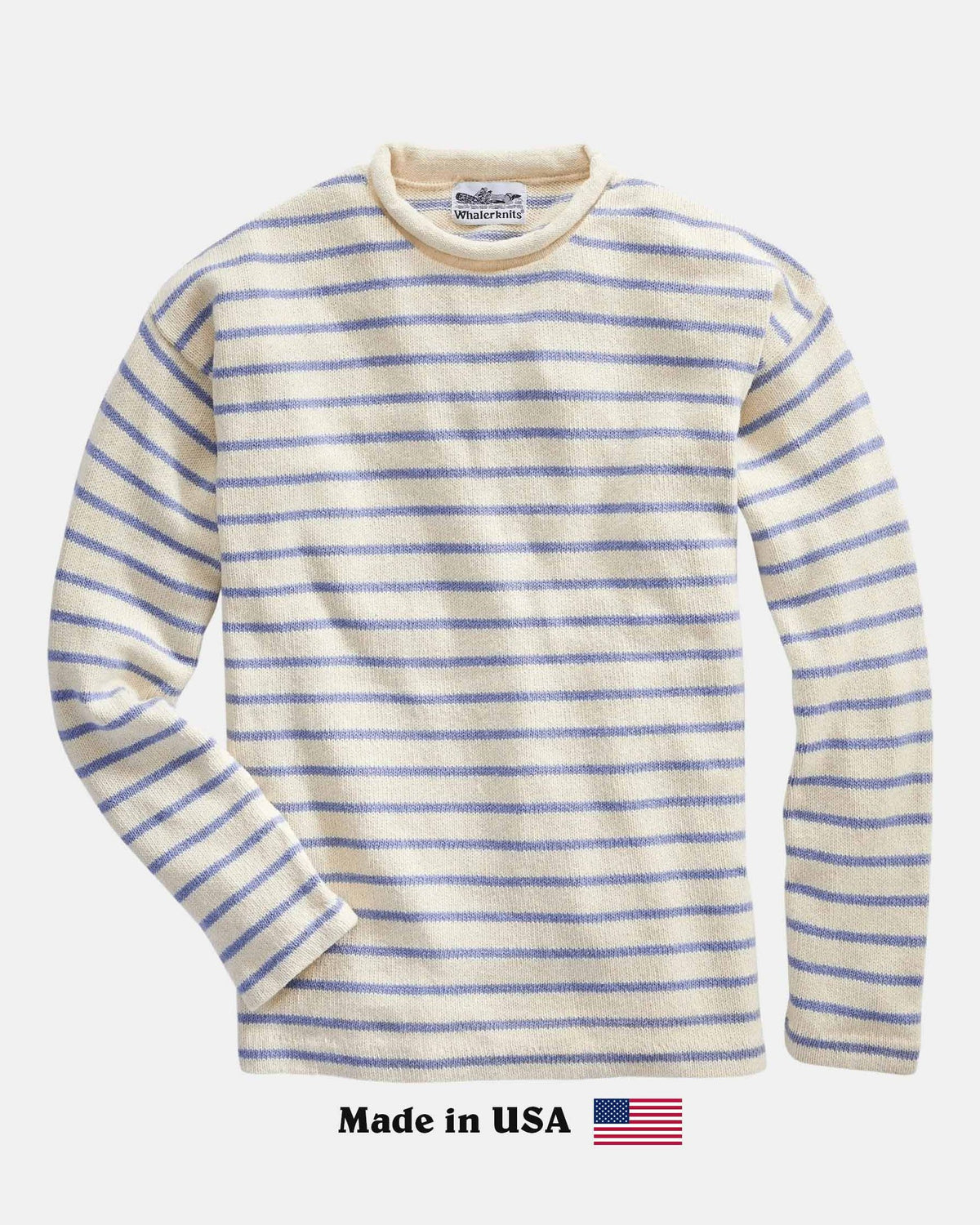 Whalerknits Nantucket Rollneck Sweater: Natural sweater with blue stripes laid flat, with Made in USA text and flag below. #Color_Natural / Sky