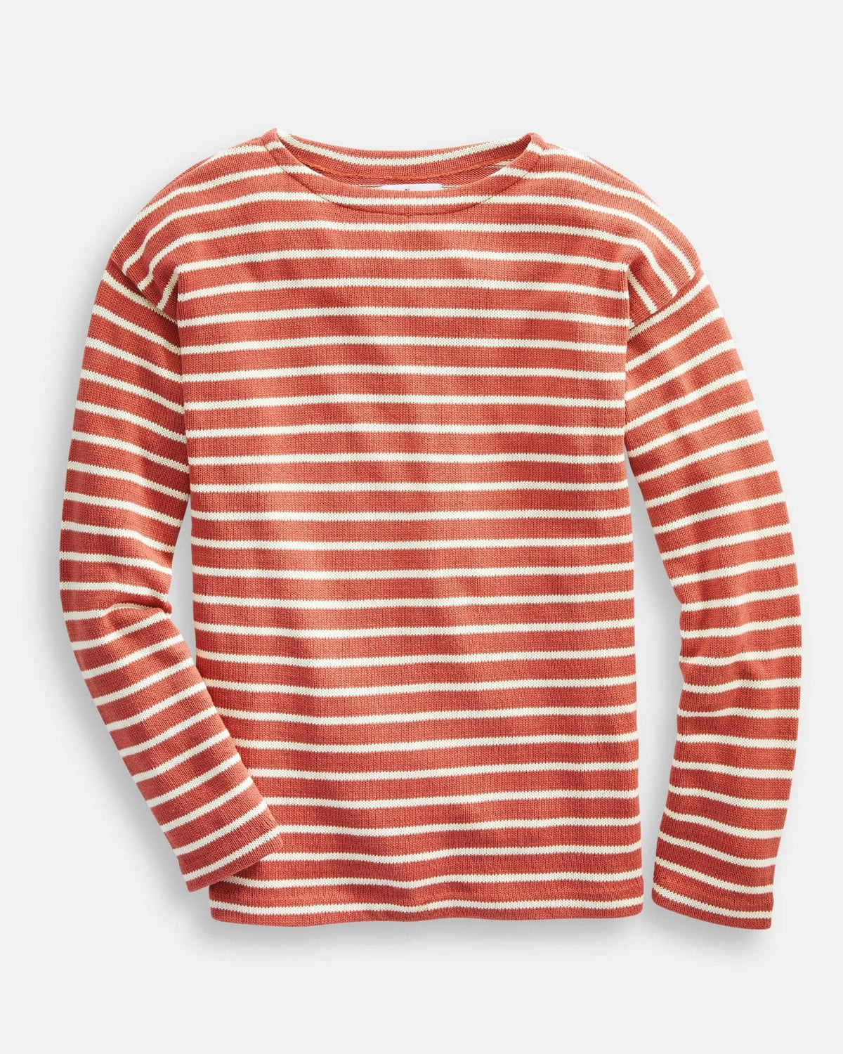 Whalerknits Nantucket Classic Boatneck Sweater: Red sweater with natural stripes laid flat with one sleeve bent inward. #Color_Nantucket Red / Natural