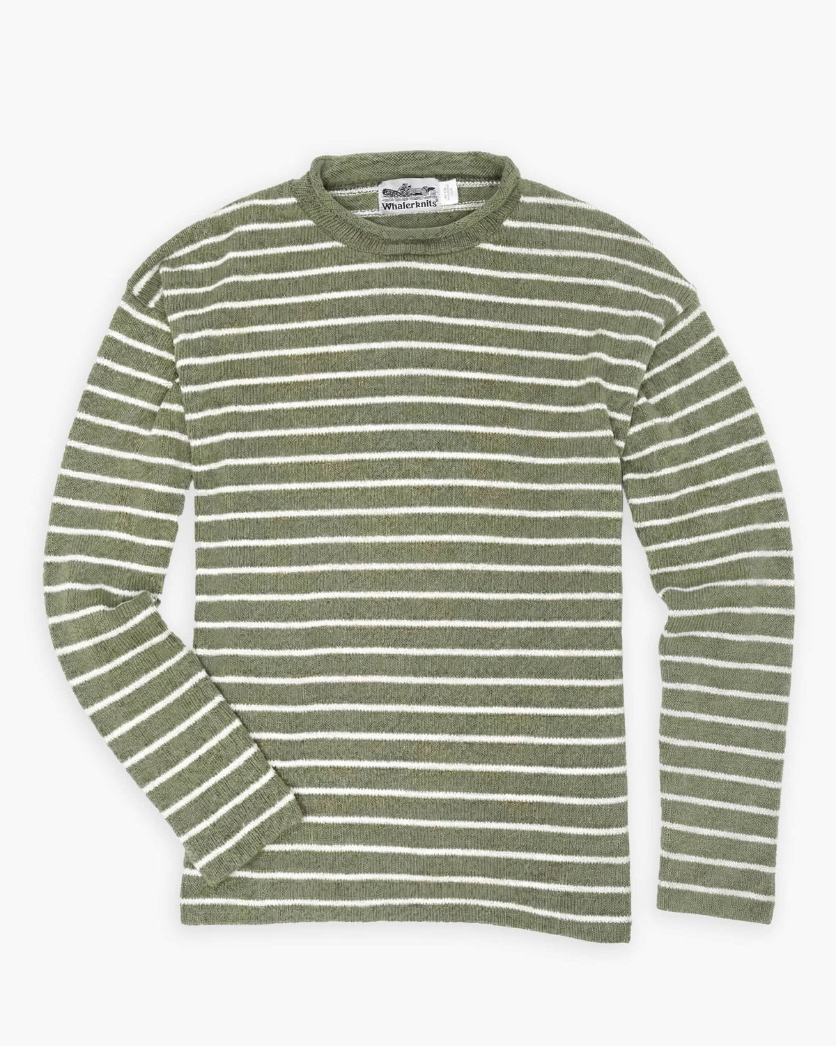 Whalerknits Nantucket Rollneck Sweater: Olive sweater with natural stripes laid flat with one sleeve bent inward.
