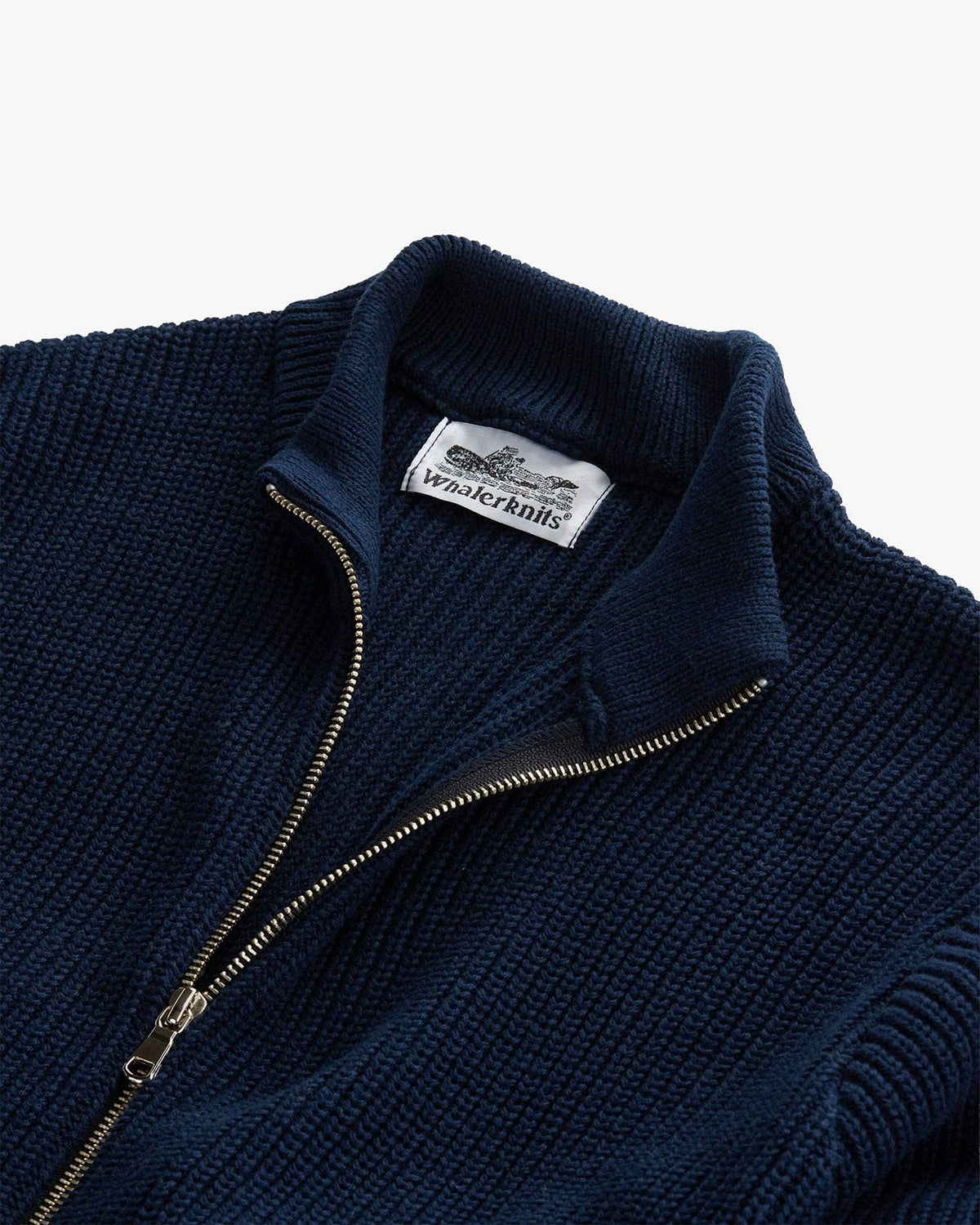 Whalerknits Cuttyhunk Full-Zip Cardigan: Close-up of the navy stand collar, zipper, ribbed knit and Whalerknits label.