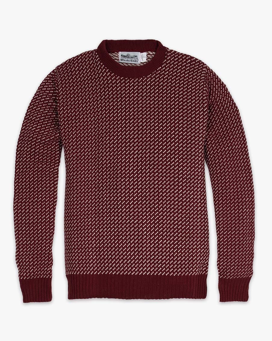 Whalerknits Sakonnet Birdseye Crewneck Pullover: Burgundy sweater with natural birdseye pattern laid flat with solid ribbed collar, cuffs and hem.