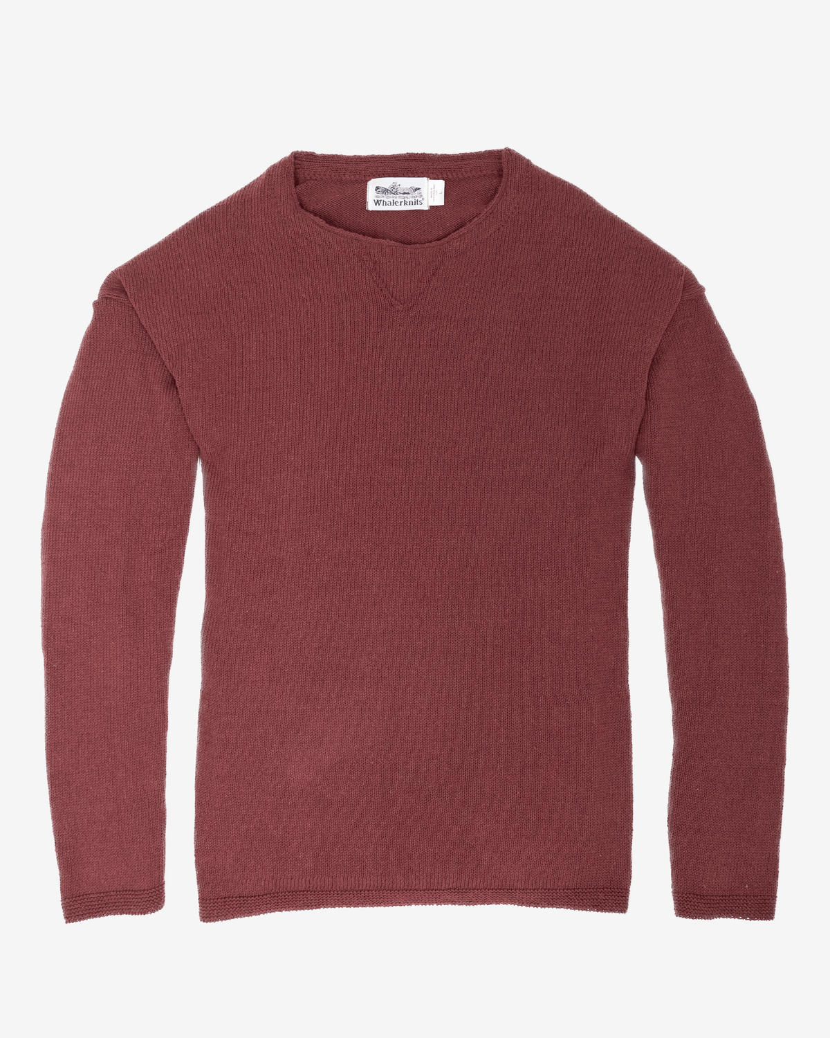 Whalerknits Chatham Jersey Sweatshirt Pullover: Burgundy pullover laid flat, showing its crew neckline and long sleeves.