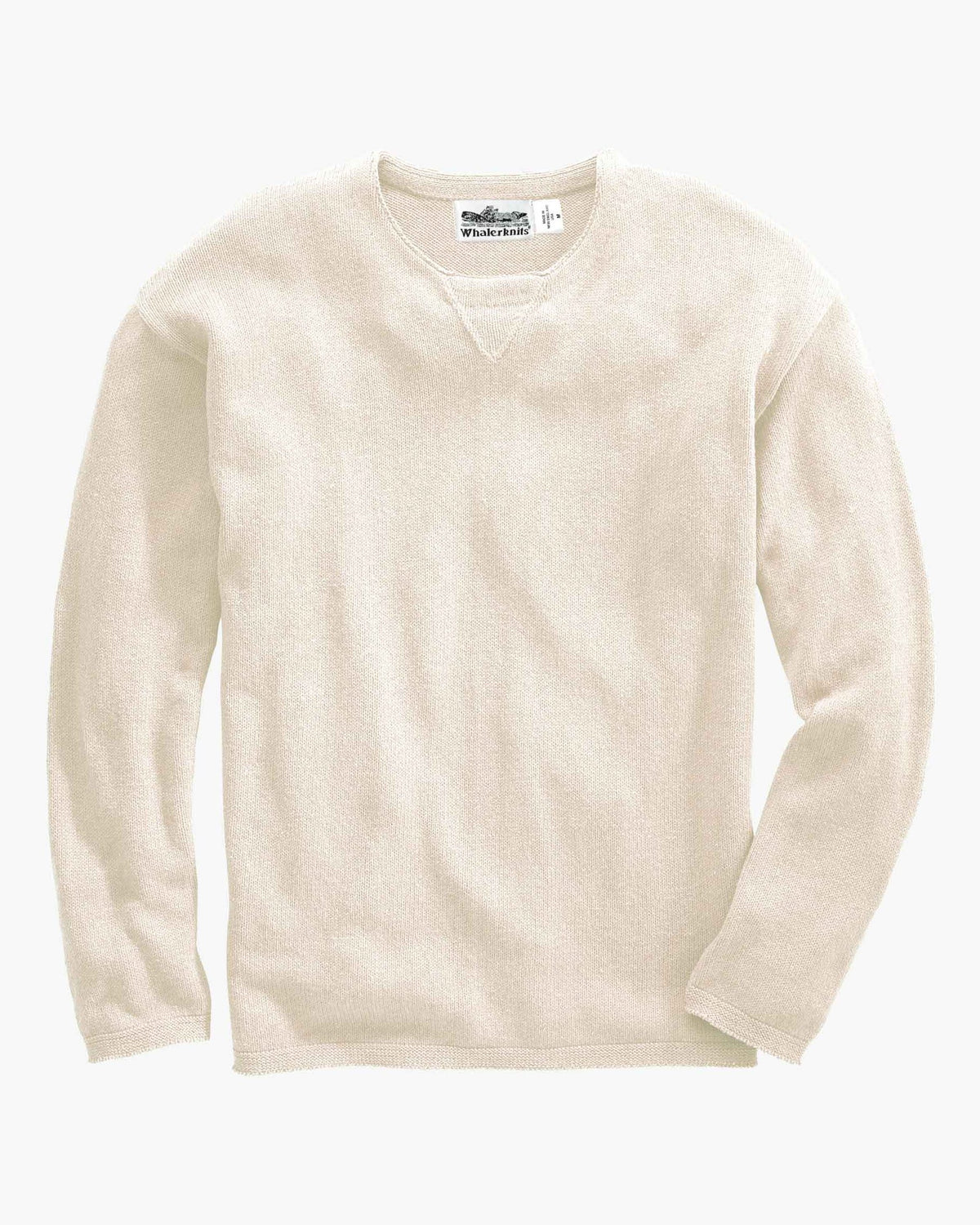 Whalerknits Chatham Jersey Sweatshirt Pullover: Natural-colored pullover laid flat, showing the neckline, long sleeves and Whalerknits label. #Color_Natural