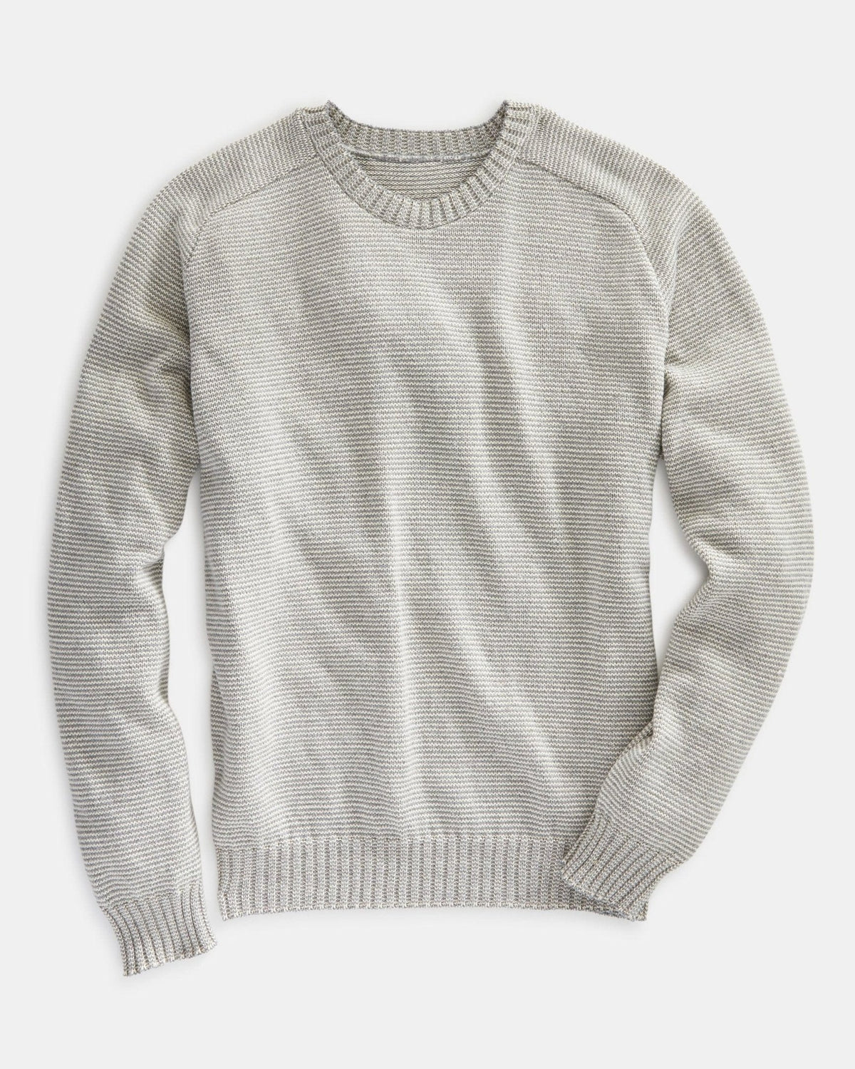 Whalerknits Westport Crewneck Saddle Shoulder Pullover: Light gray and natural fine-striped sweater laid flat with long sleeves and a crew neckline. #Color_Natural / Gray