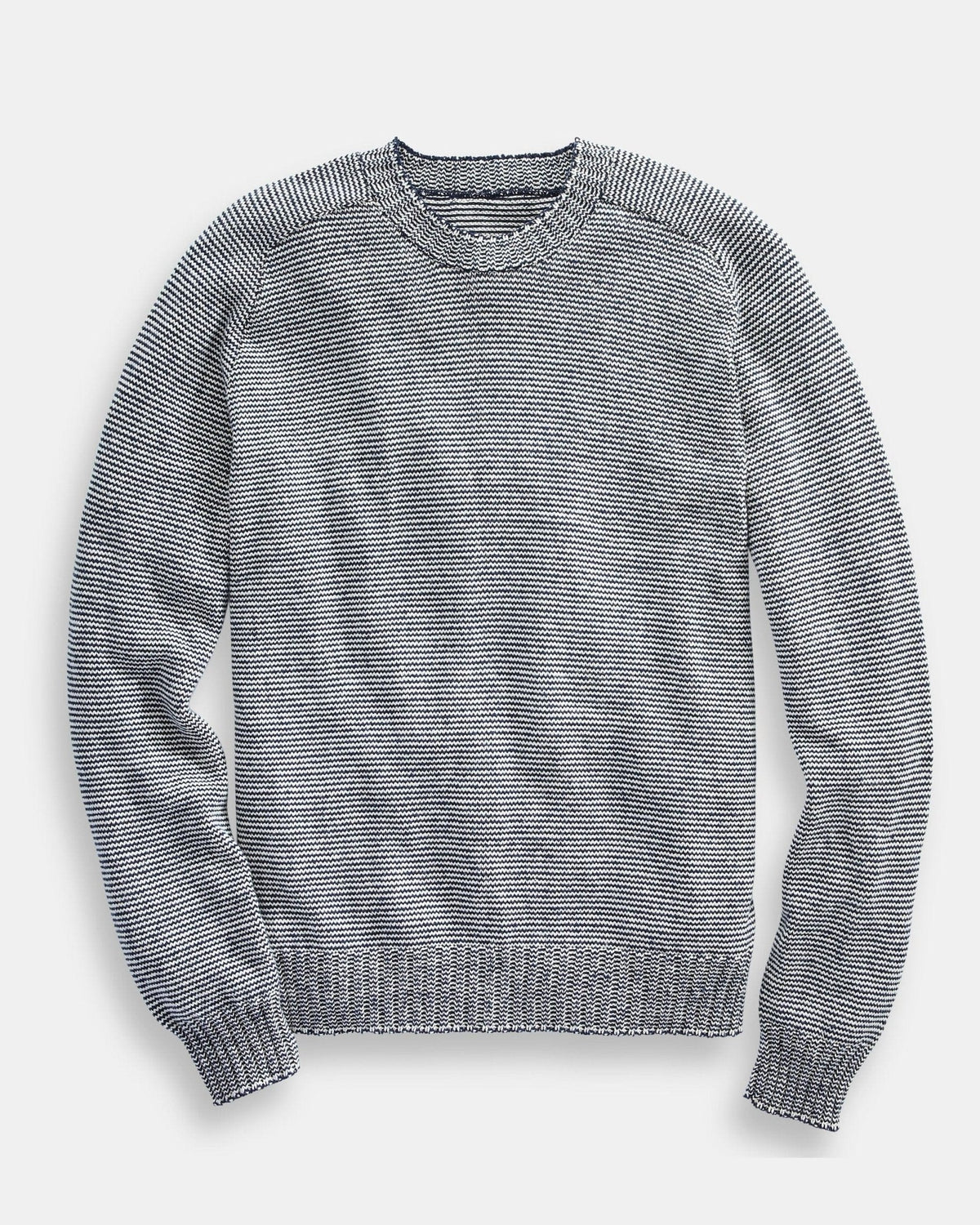 Whalerknits Westport Crewneck Saddle Shoulder Pullover: Gray fine-striped sweater laid flat, showing its saddle shoulders and ribbed edges. #Color_Natural / Navy