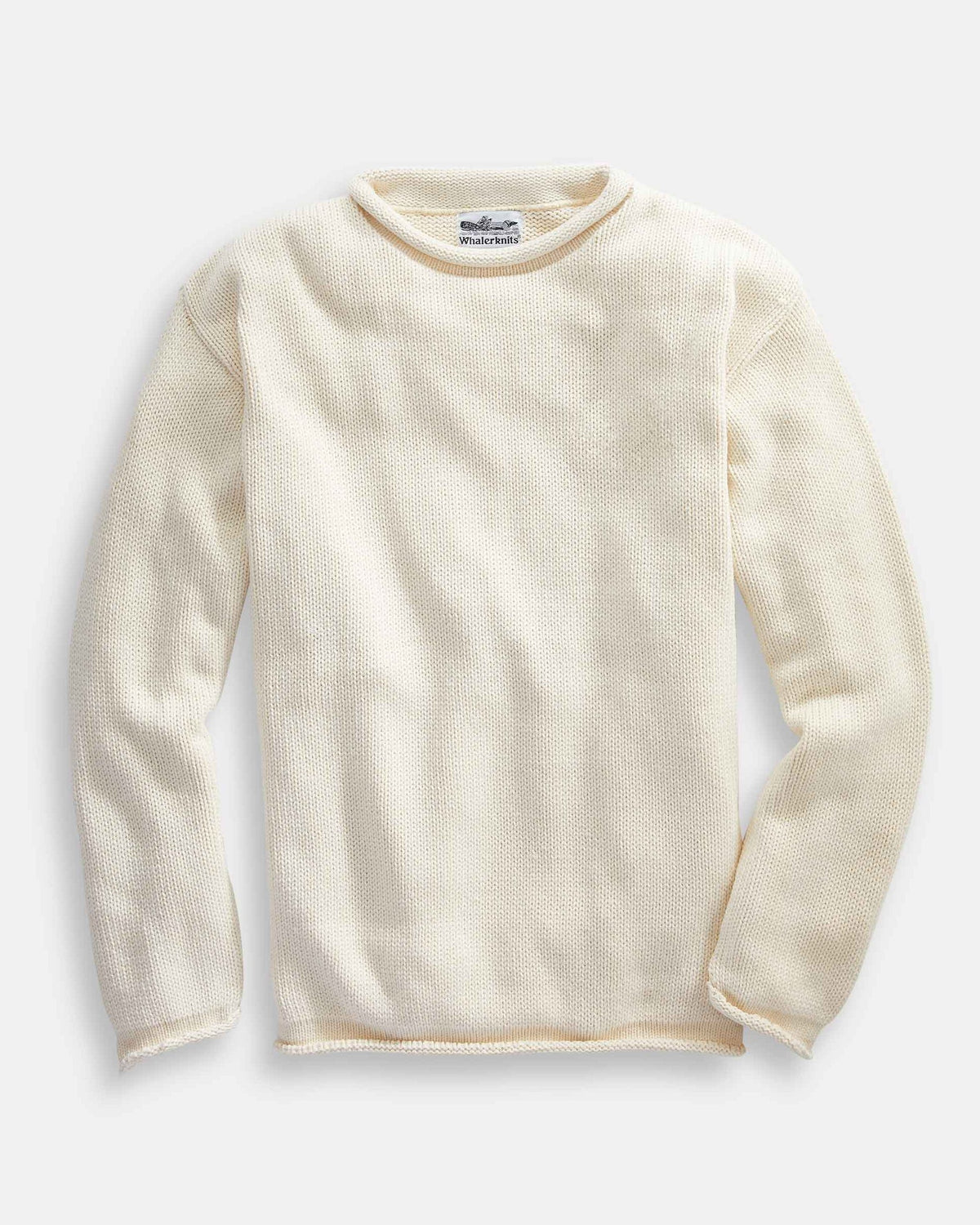 Whalerknits Wellfleet Rollneck Sweater: Natural sweater laid flat, showing its rolled neckline and Whalerknits label. #Color_Natural