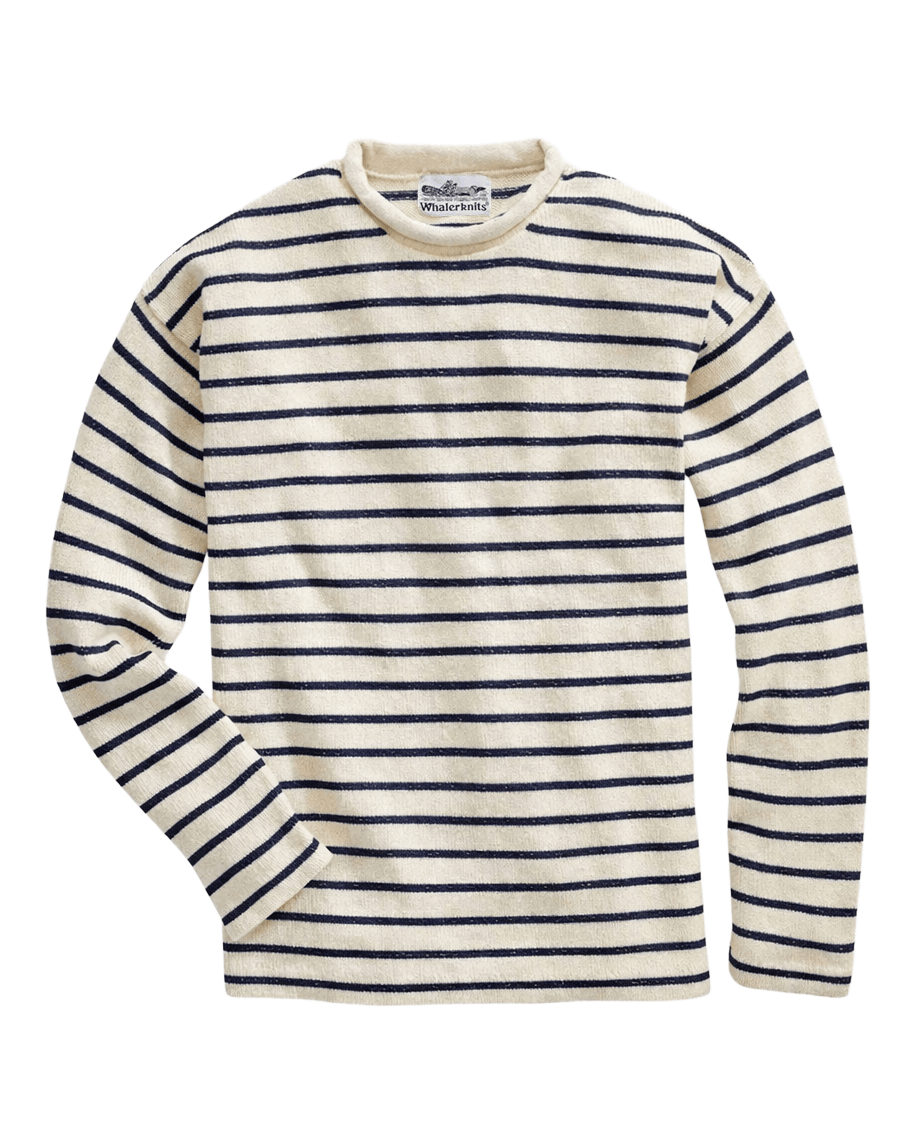 Whalerknits Nantucket Rollneck Sweater: Natural sweater with navy stripes laid flat, showing its rolled neckline and long sleeves. #Color_Natural / Navy